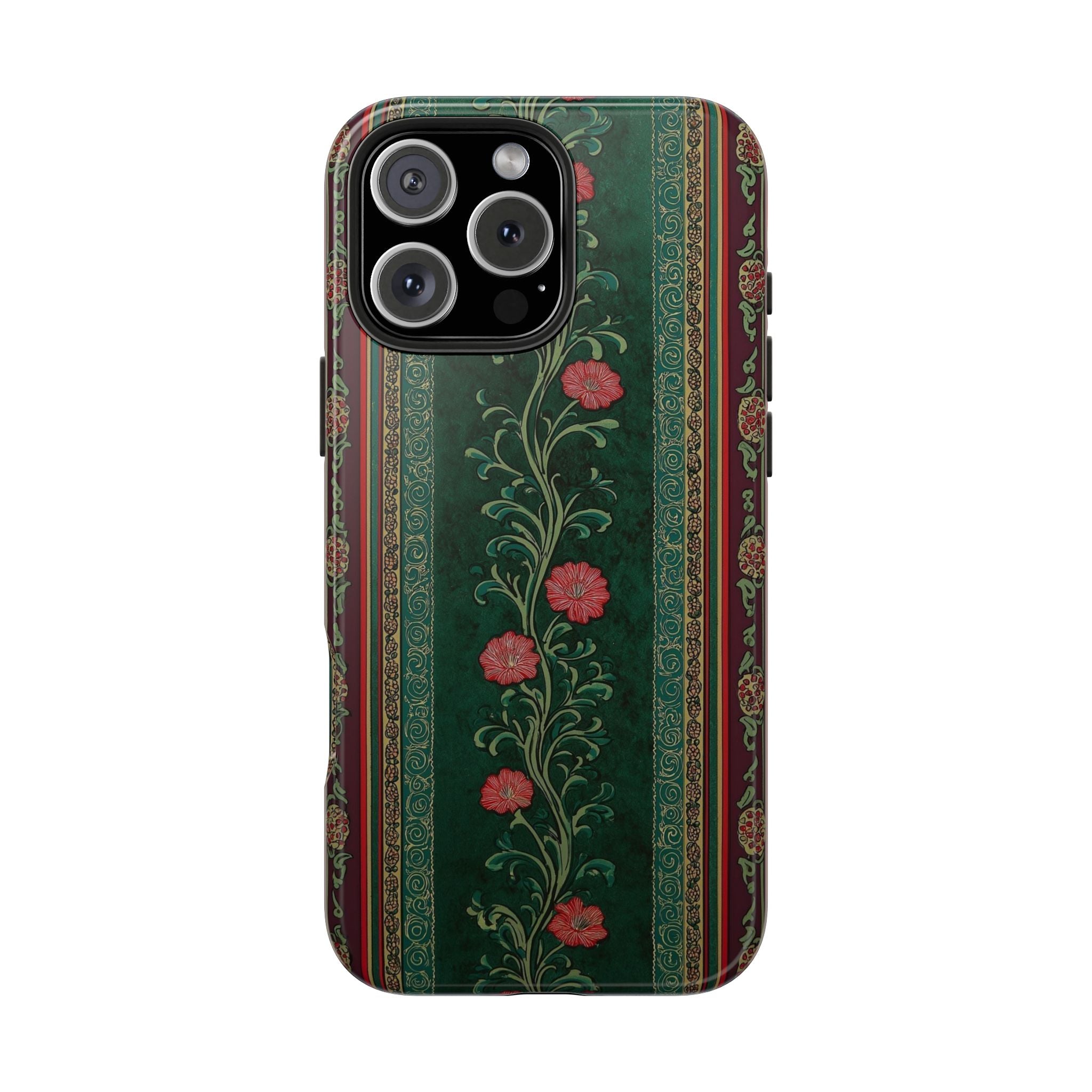 Victorian Floral Tough Phone Case - Green & Red Vintage Rose Design