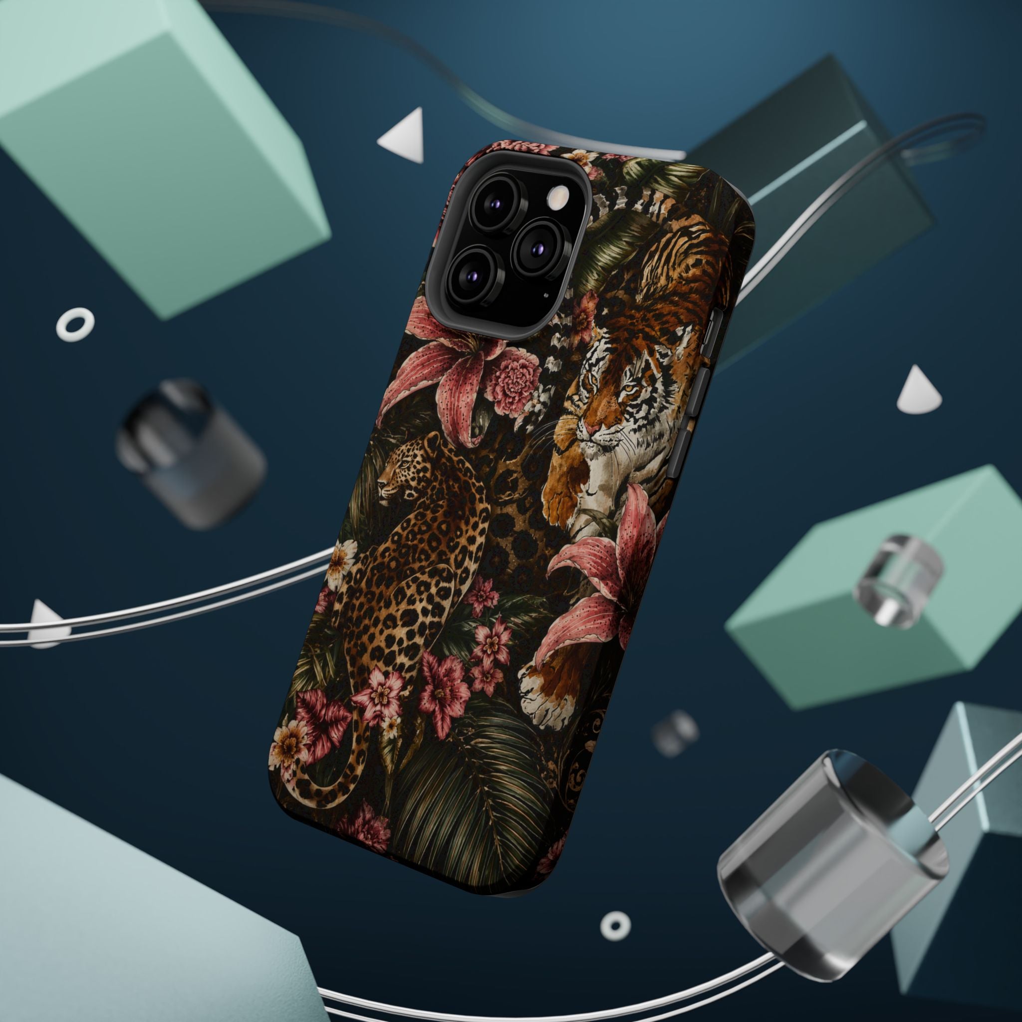 Magnetic Impact-Resistant Phone Case — Tropical Jungle Leopard & Tiger Floral Design