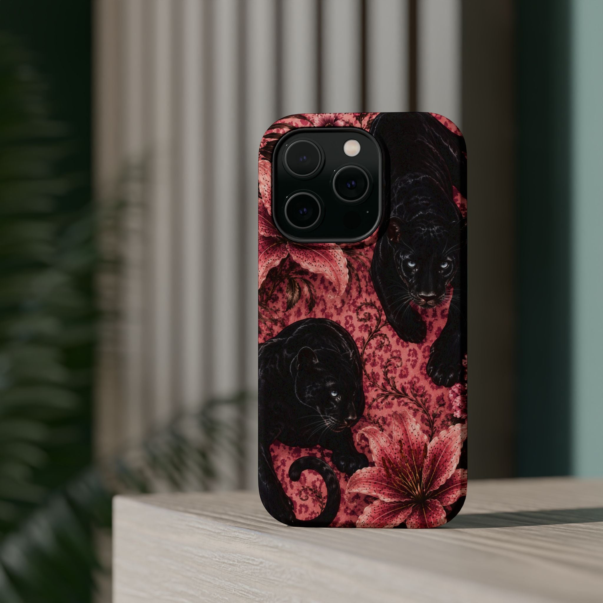 Protective Phone Case — Black Panthers & Pink Floral Impact-Resistant Magnetic Case