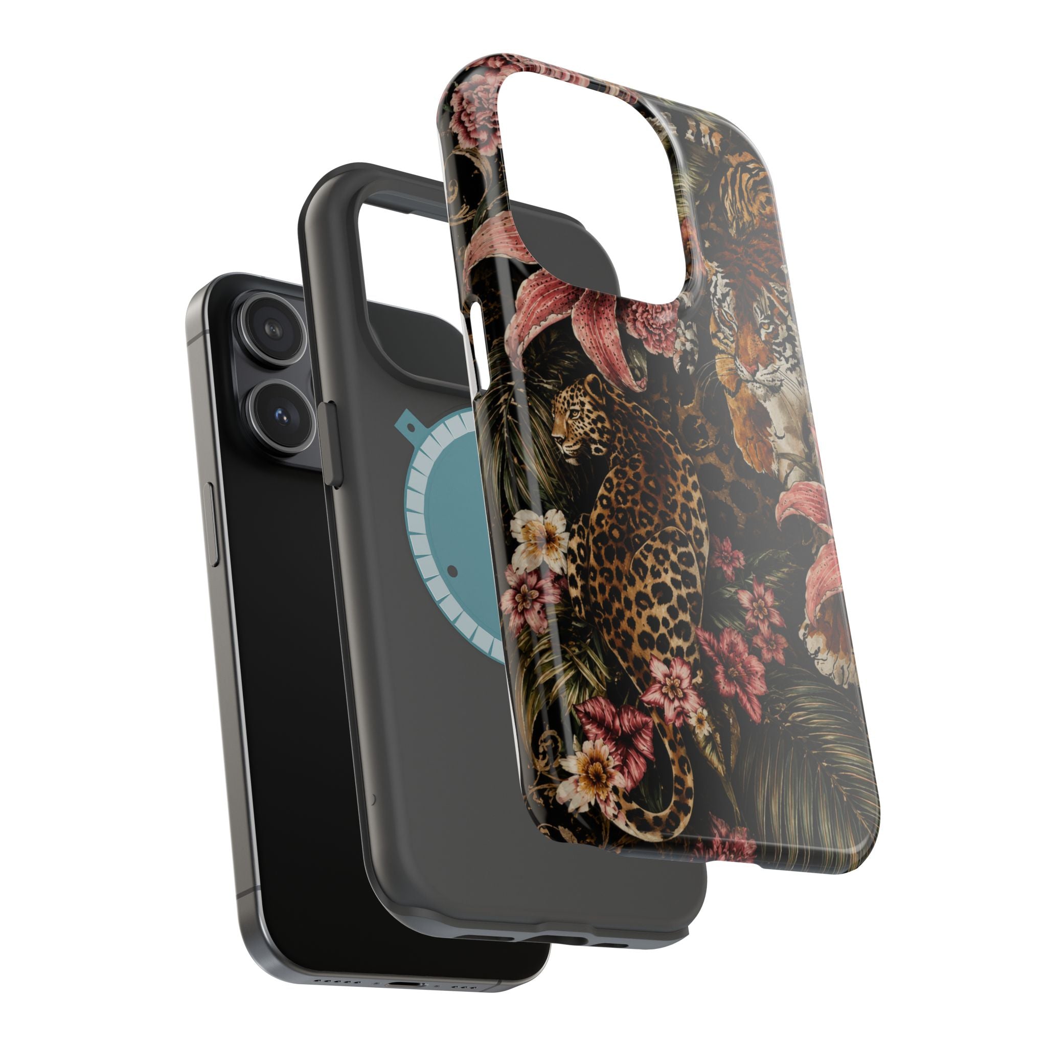 Magnetic Impact-Resistant Phone Case — Tropical Jungle Leopard & Tiger Floral Design