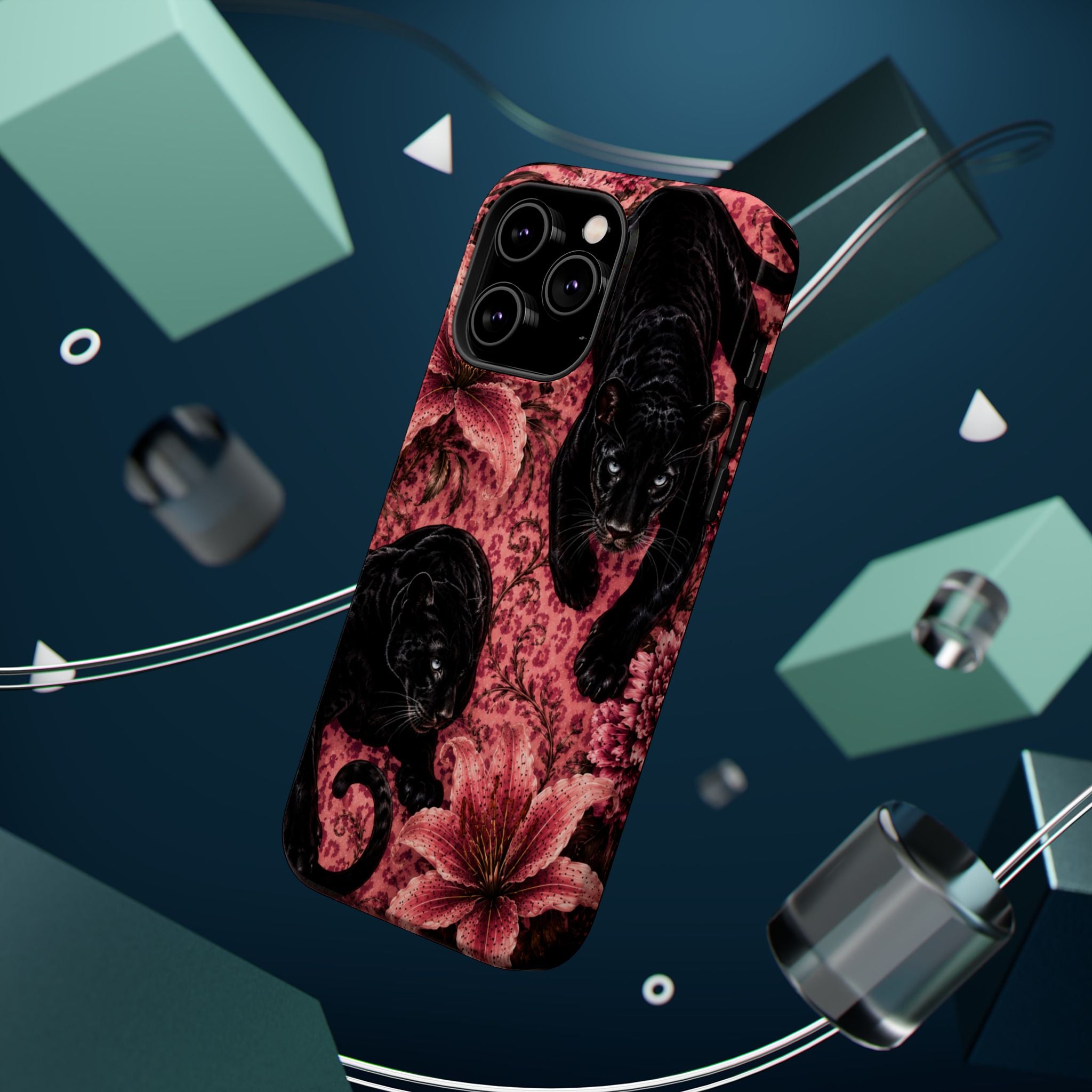 Protective Phone Case — Black Panthers & Pink Floral Impact-Resistant Magnetic Case