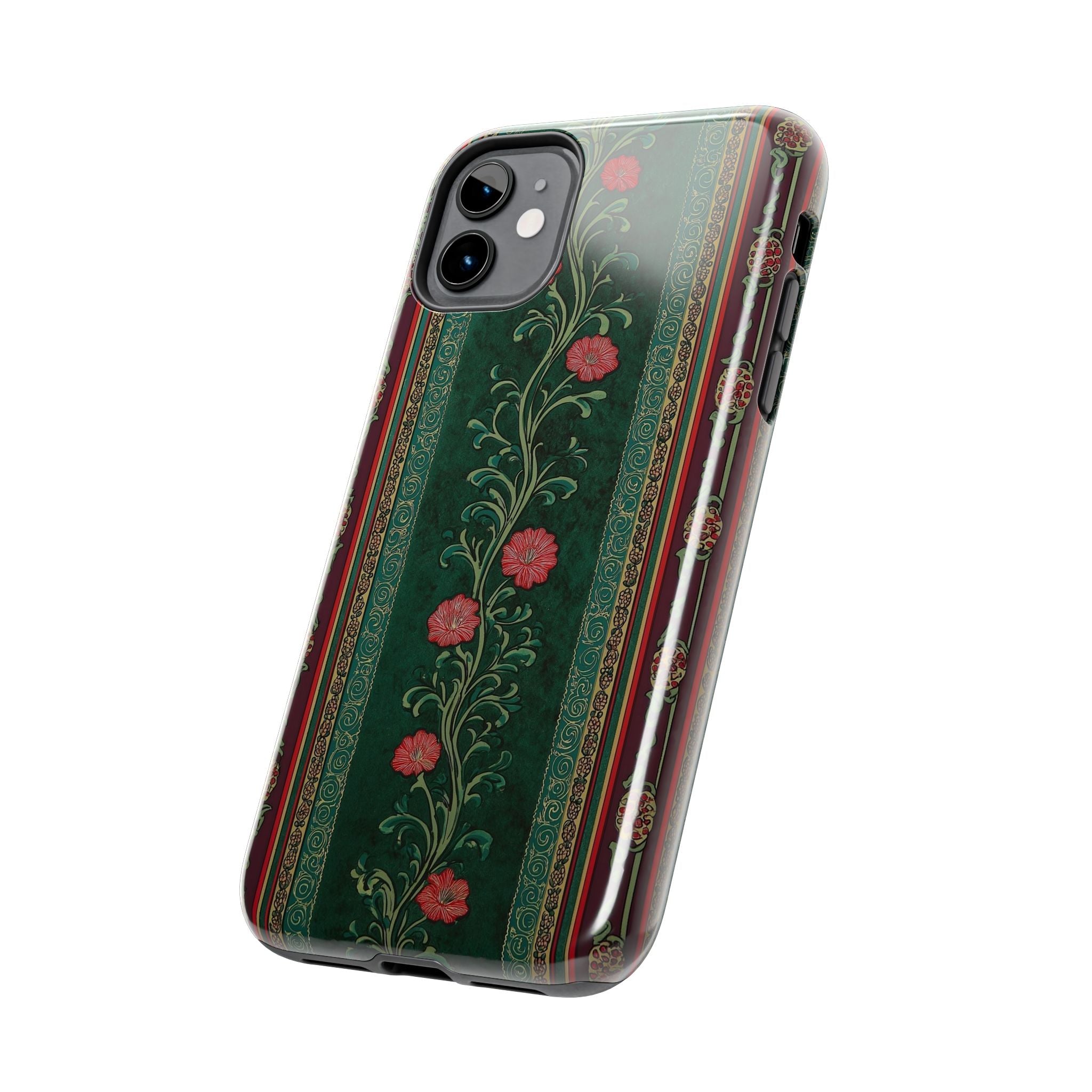 Victorian Floral Tough Phone Case - Green & Red Vintage Rose Design