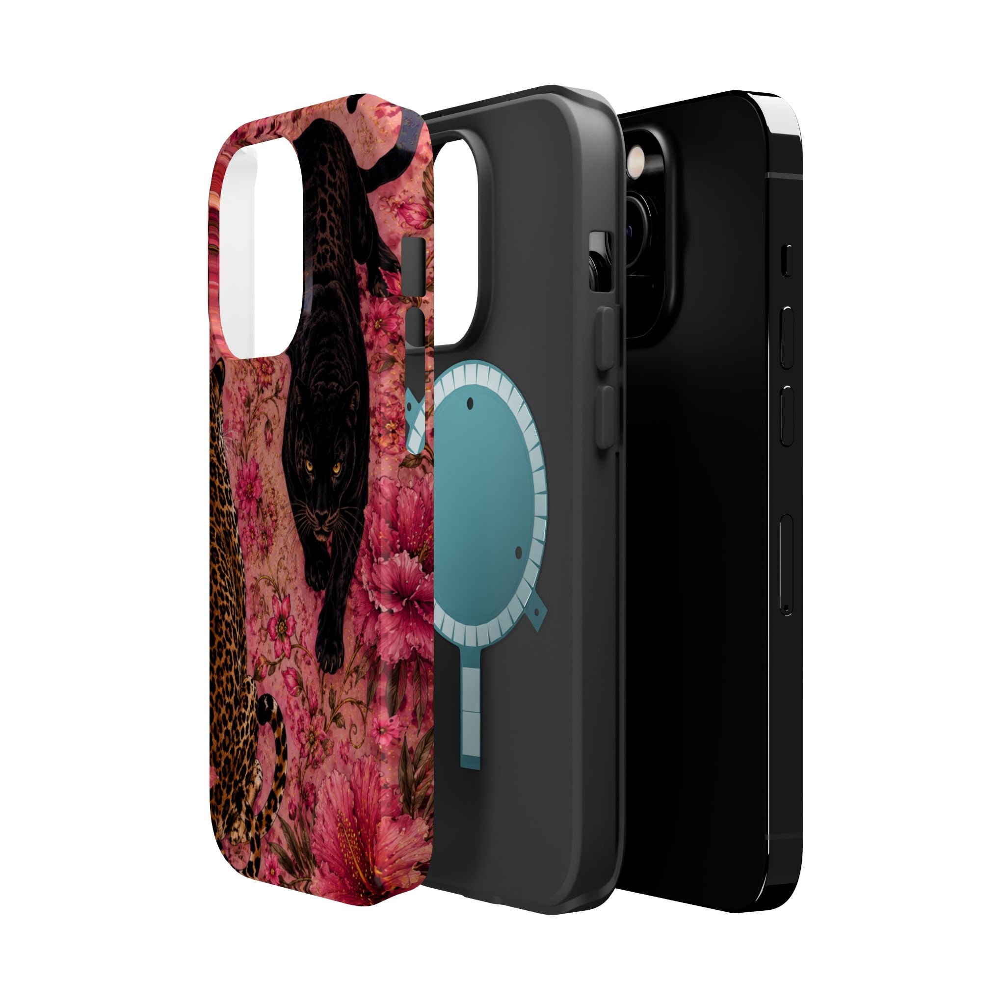 Black Panther & Leopard Floral Magnetic Impact-Resistant Phone Case | MagSafe Compatible Shockproof Cover