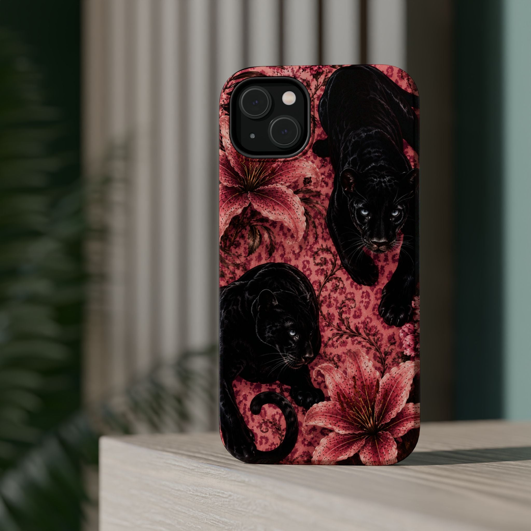Protective Phone Case — Black Panthers & Pink Floral Impact-Resistant Magnetic Case
