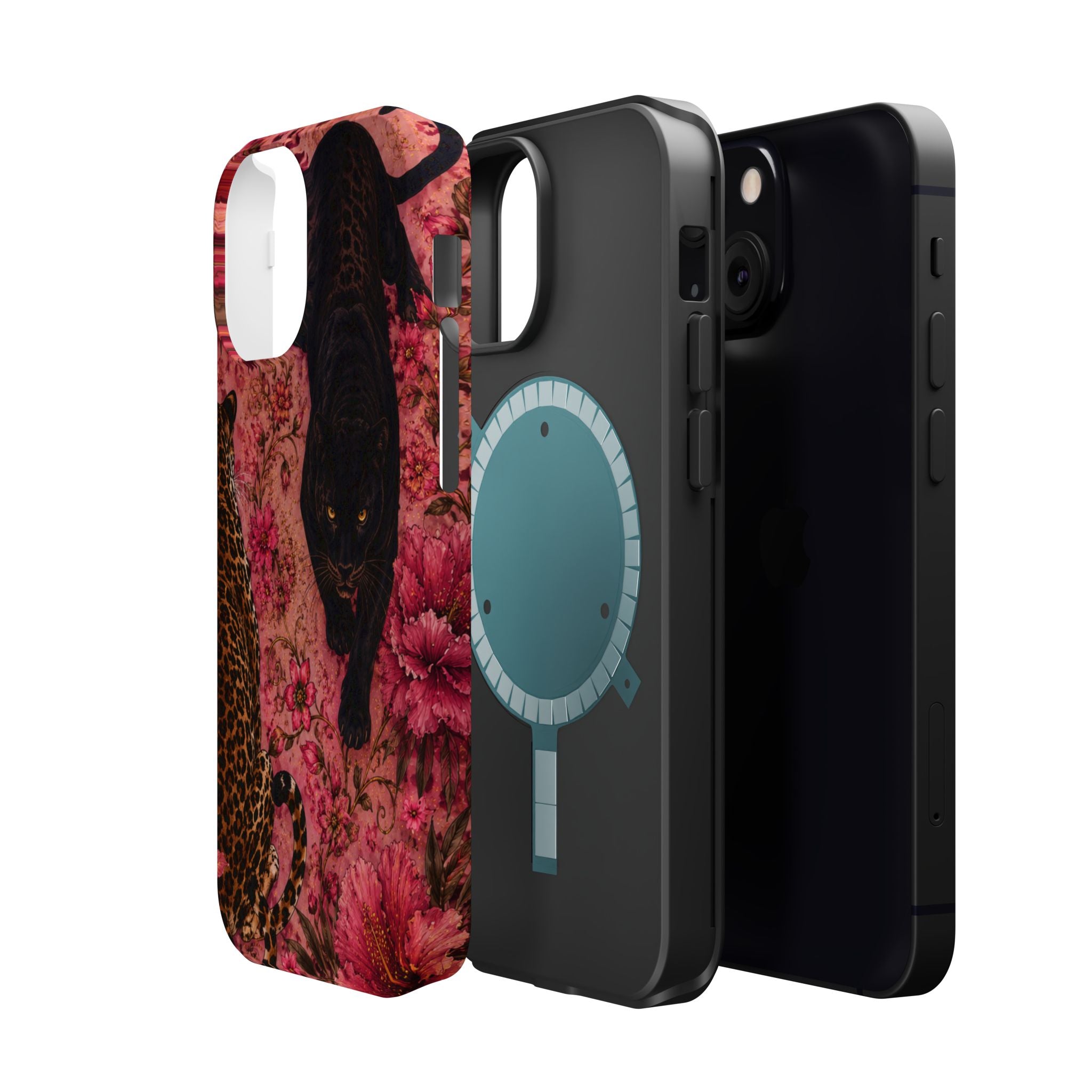Black Panther & Leopard Floral Magnetic Impact-Resistant Phone Case | MagSafe Compatible Shockproof Cover