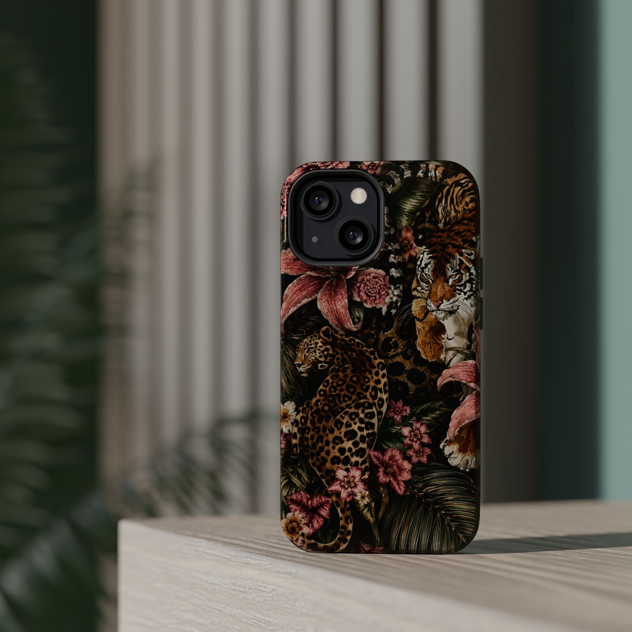 Magnetic Impact-Resistant Phone Case — Tropical Jungle Leopard & Tiger Floral Design