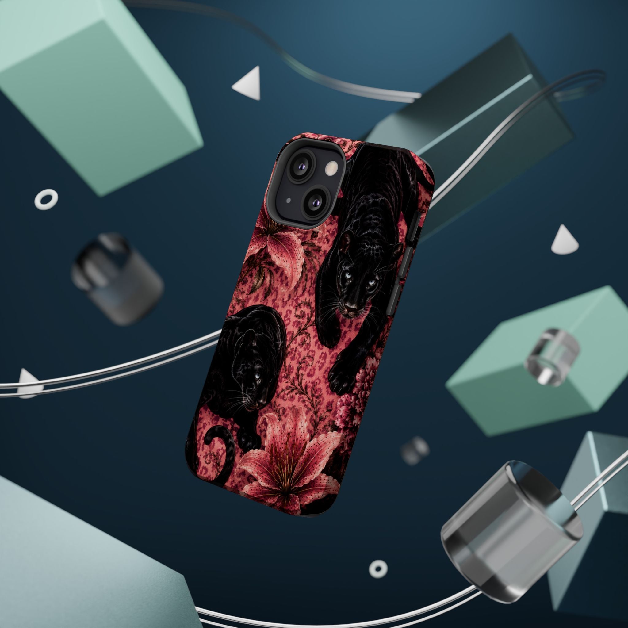 Protective Phone Case — Black Panthers & Pink Floral Impact-Resistant Magnetic Case
