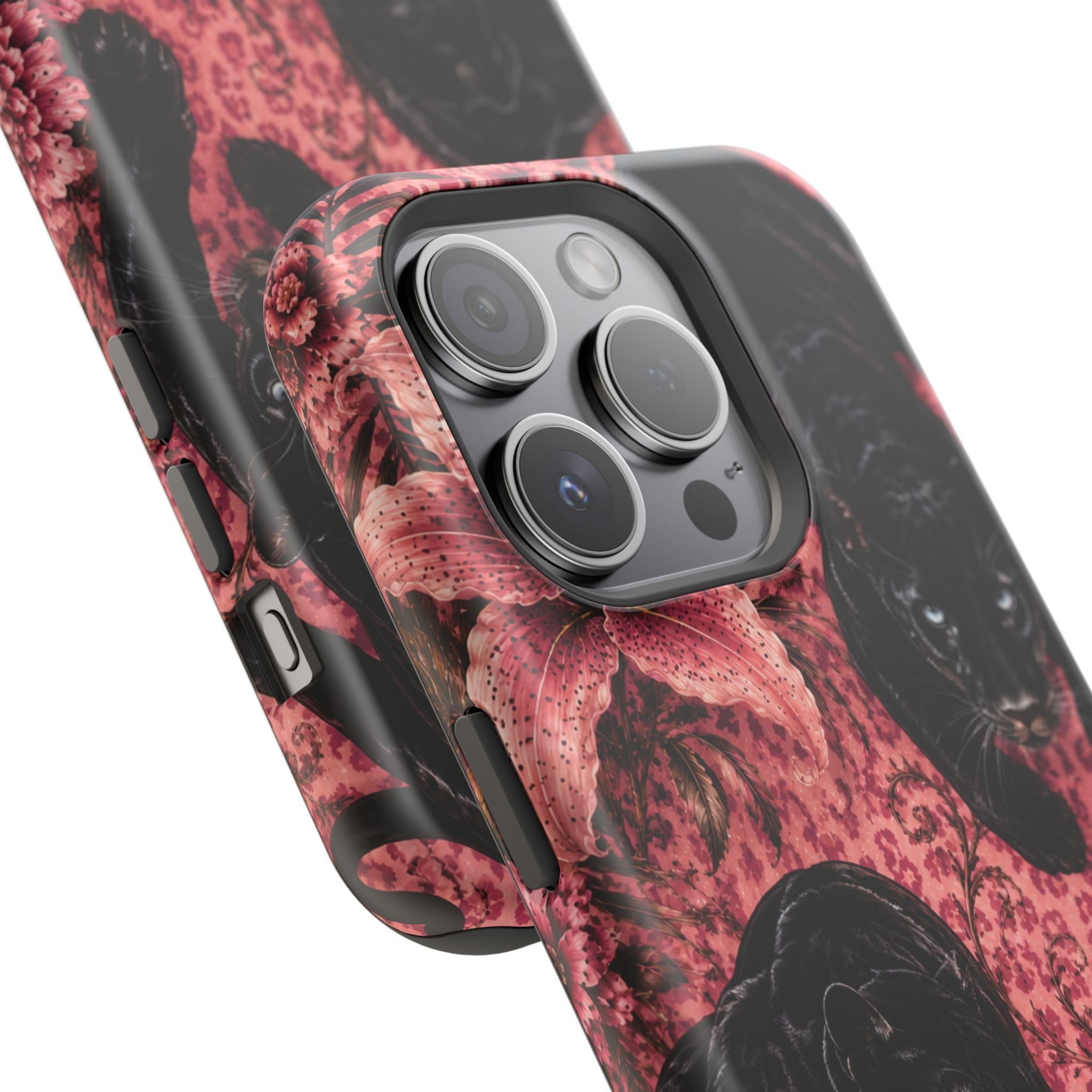 Protective Phone Case — Black Panthers & Pink Floral Impact-Resistant Magnetic Case