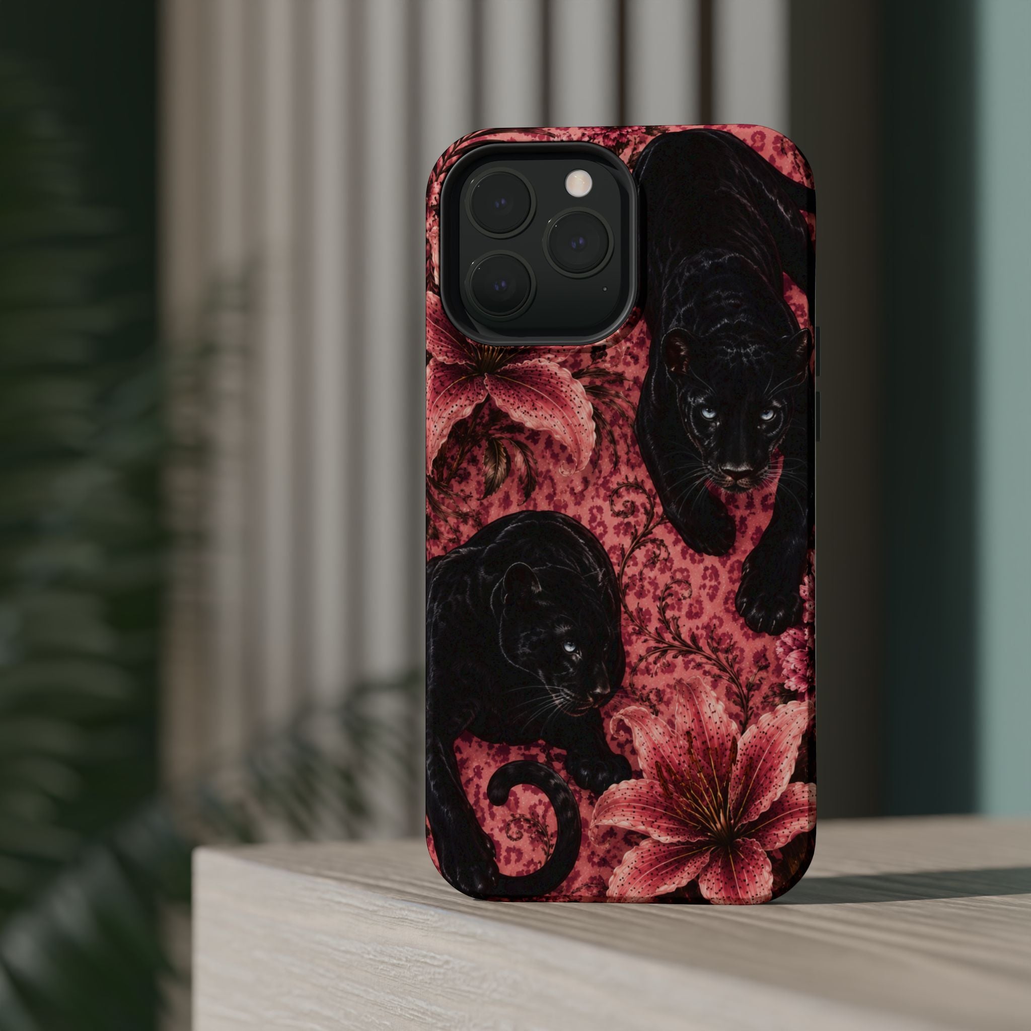 Protective Phone Case — Black Panthers & Pink Floral Impact-Resistant Magnetic Case