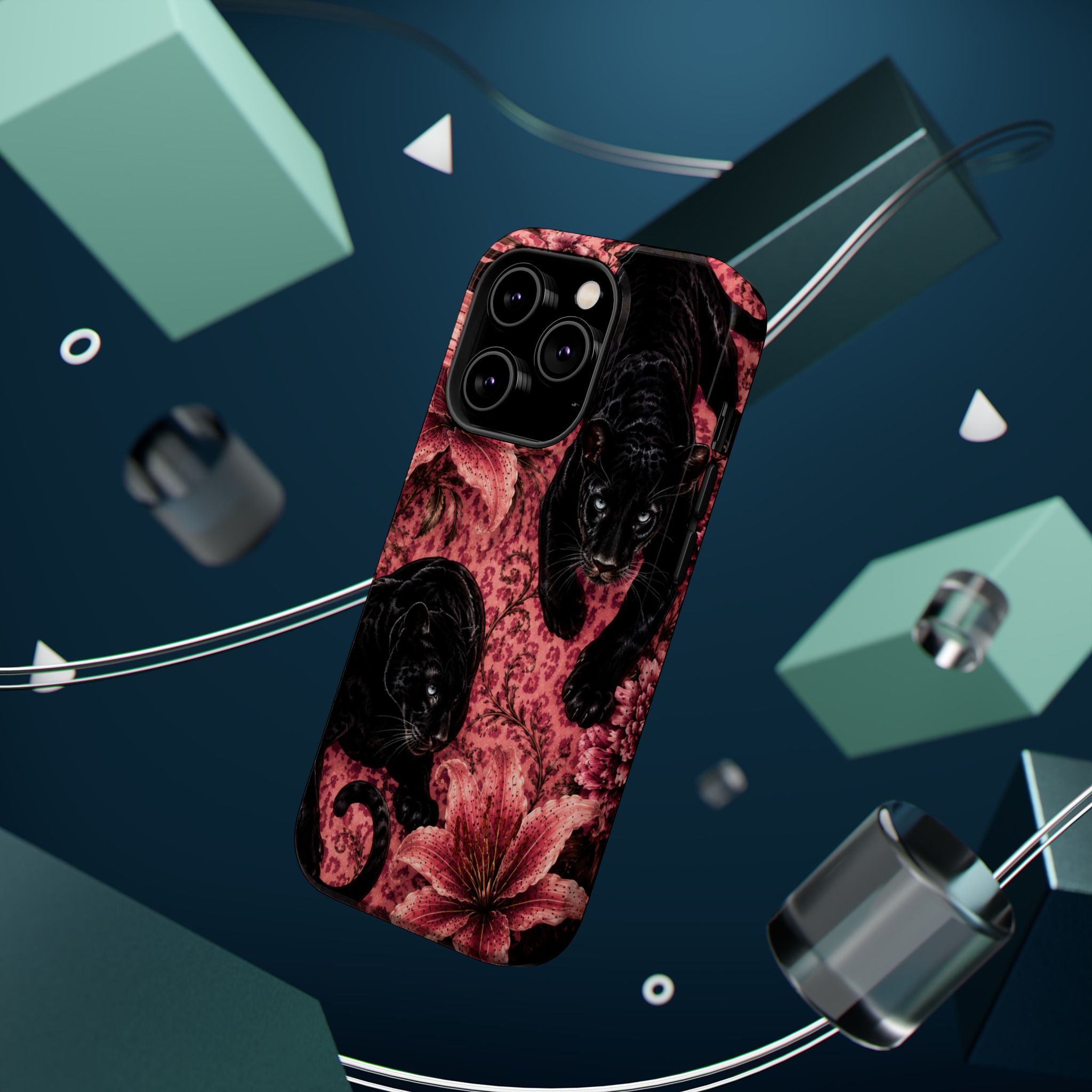 Protective Phone Case — Black Panthers & Pink Floral Impact-Resistant Magnetic Case