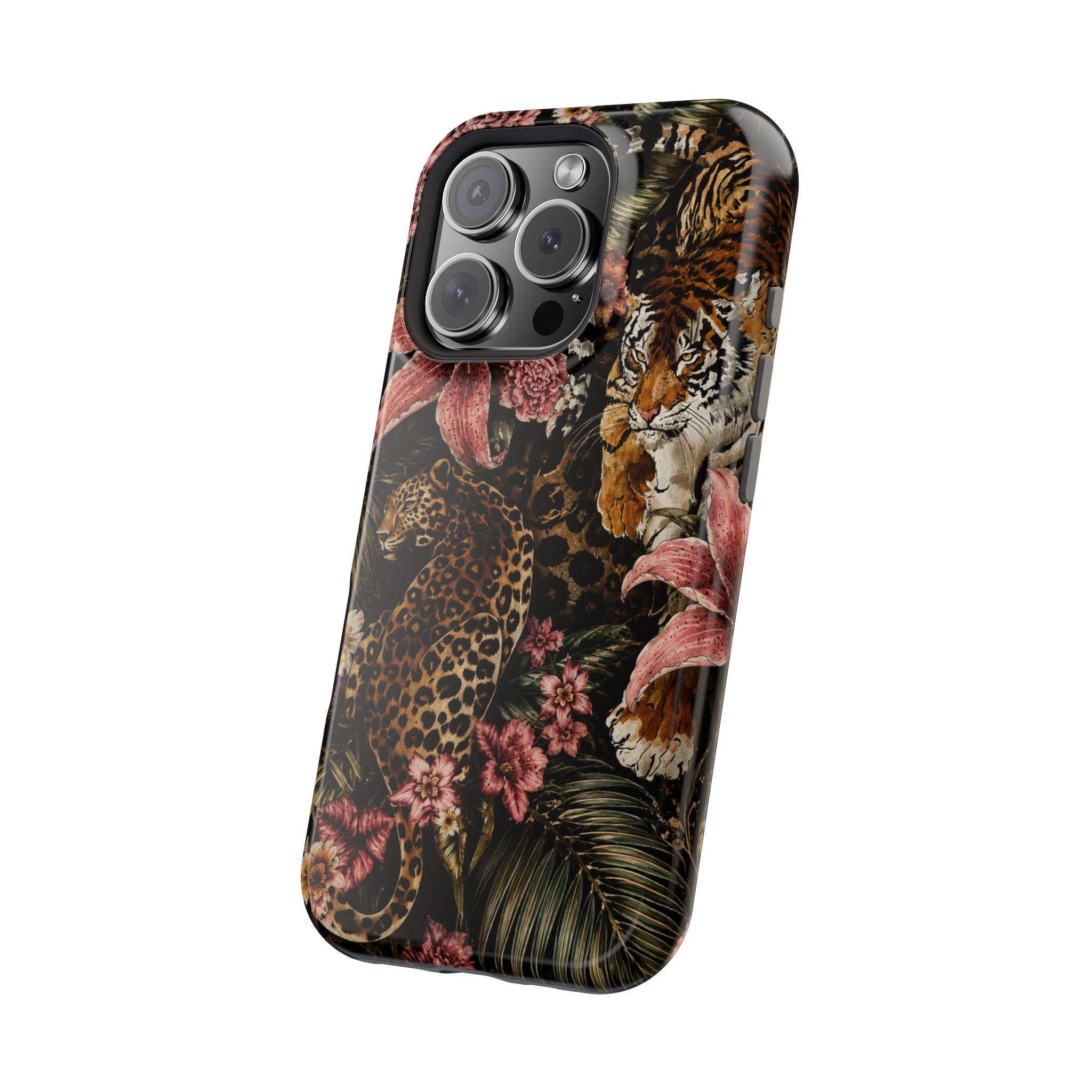 Magnetic Impact-Resistant Phone Case — Tropical Jungle Leopard & Tiger Floral Design