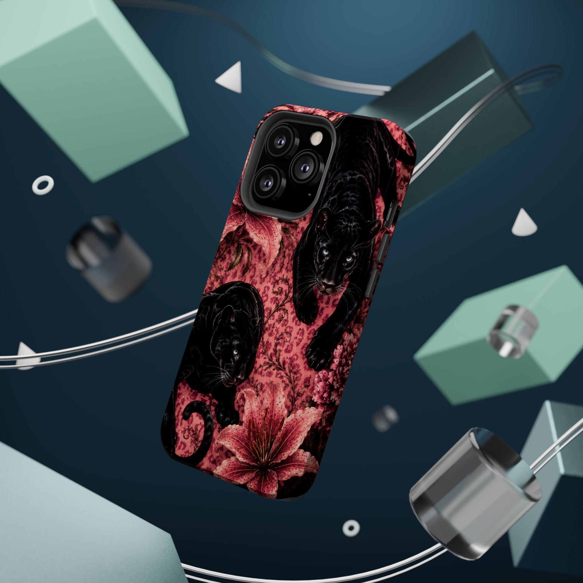 Protective Phone Case — Black Panthers & Pink Floral Impact-Resistant Magnetic Case