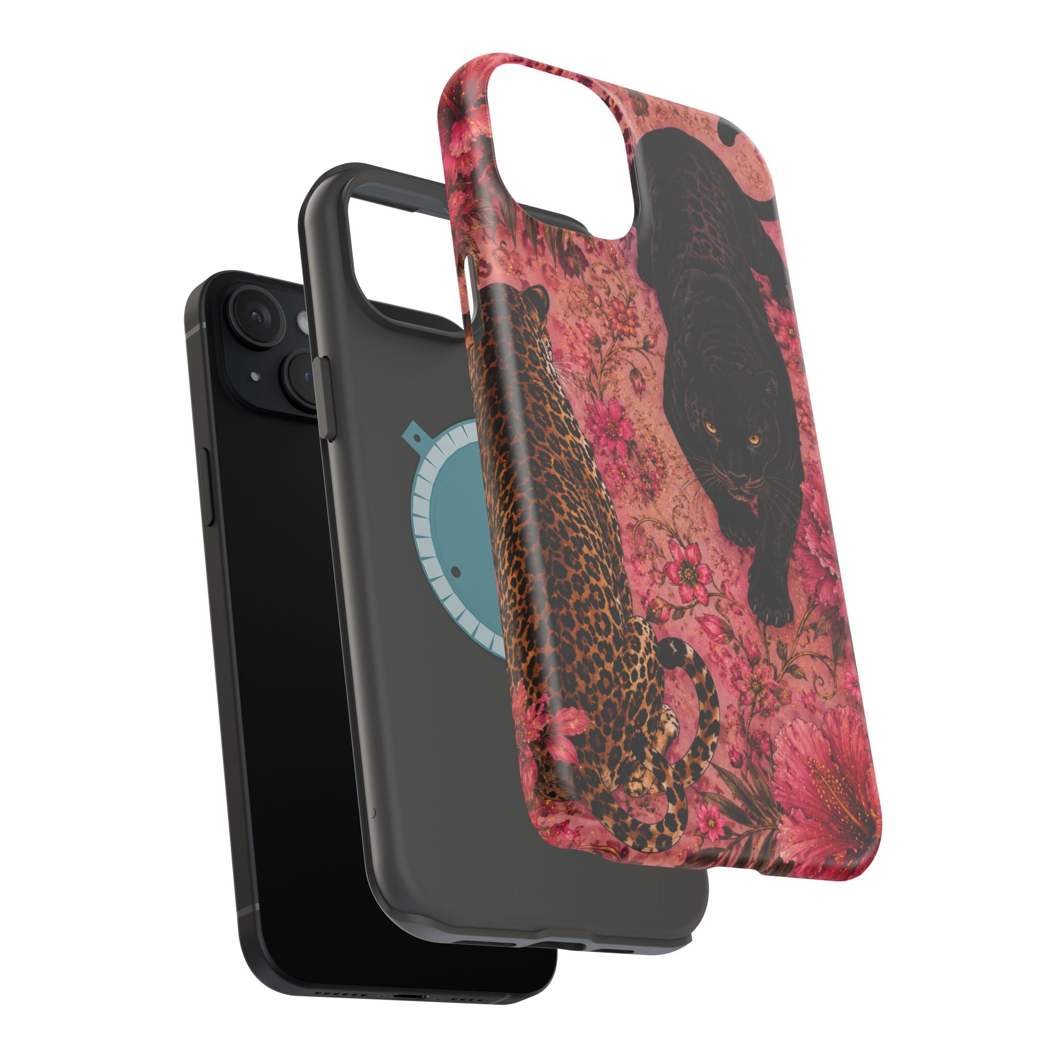 Black Panther & Leopard Floral Magnetic Impact-Resistant Phone Case | MagSafe Compatible Shockproof Cover