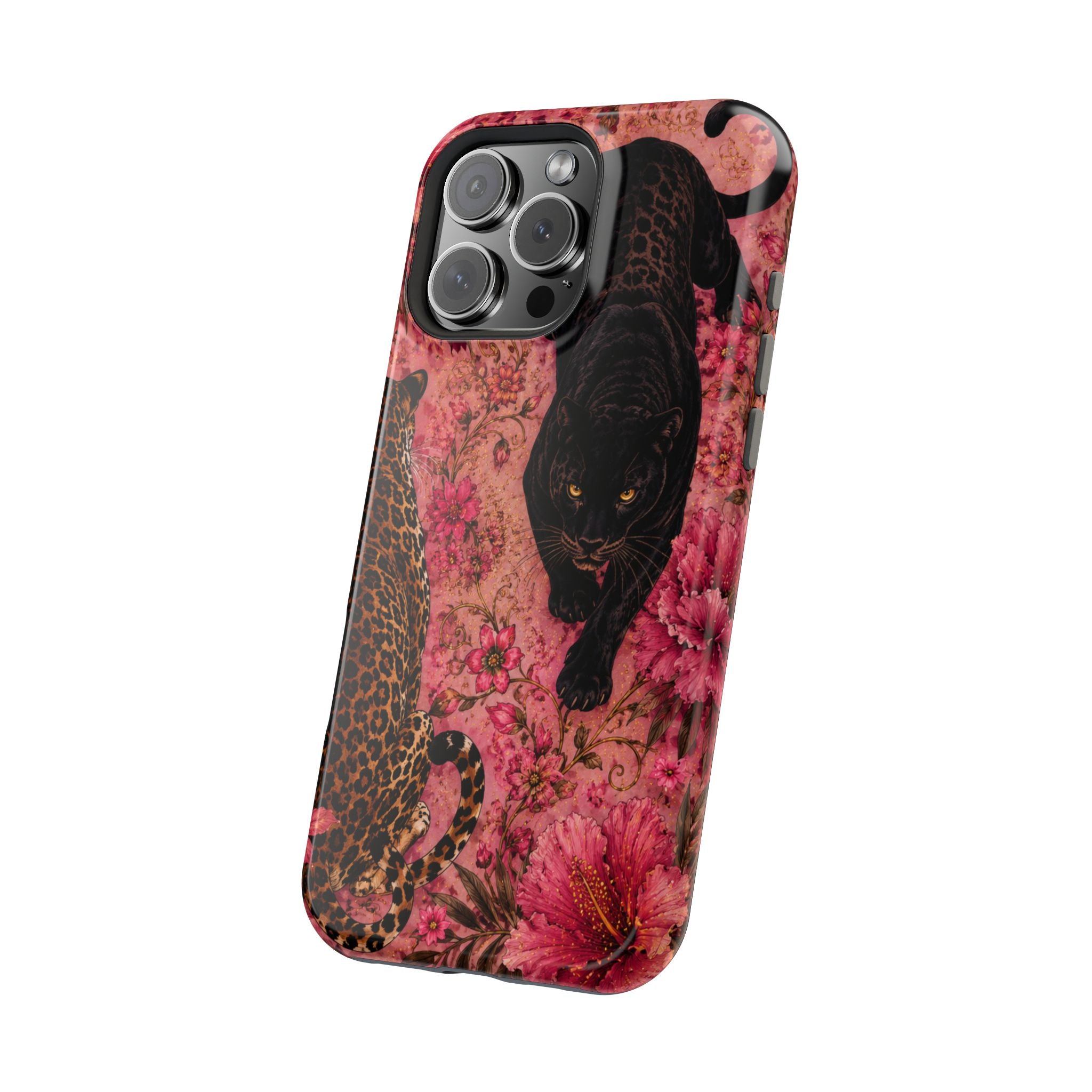 Black Panther & Leopard Floral Magnetic Impact-Resistant Phone Case | MagSafe Compatible Shockproof Cover