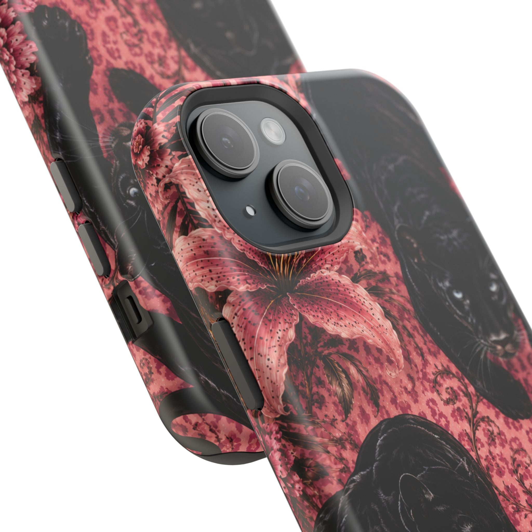 Protective Phone Case — Black Panthers & Pink Floral Impact-Resistant Magnetic Case