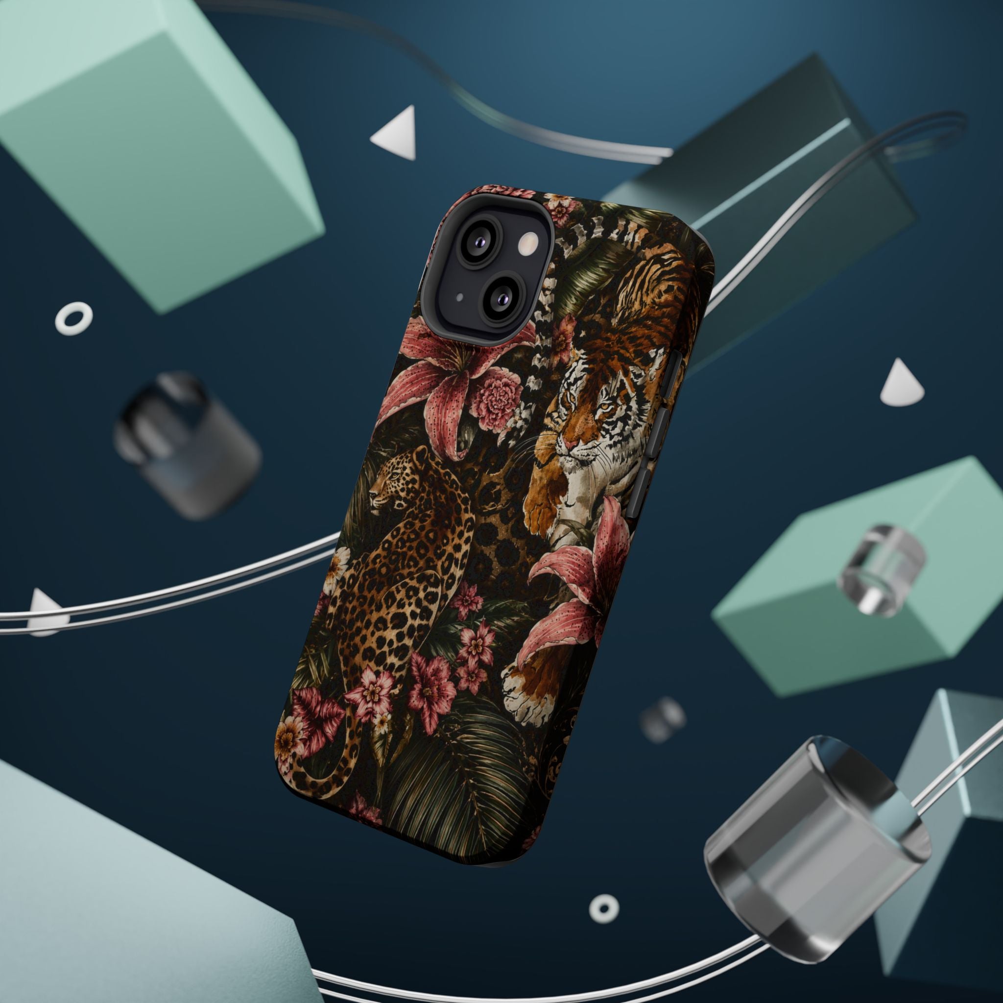 Magnetic Impact-Resistant Phone Case — Tropical Jungle Leopard & Tiger Floral Design