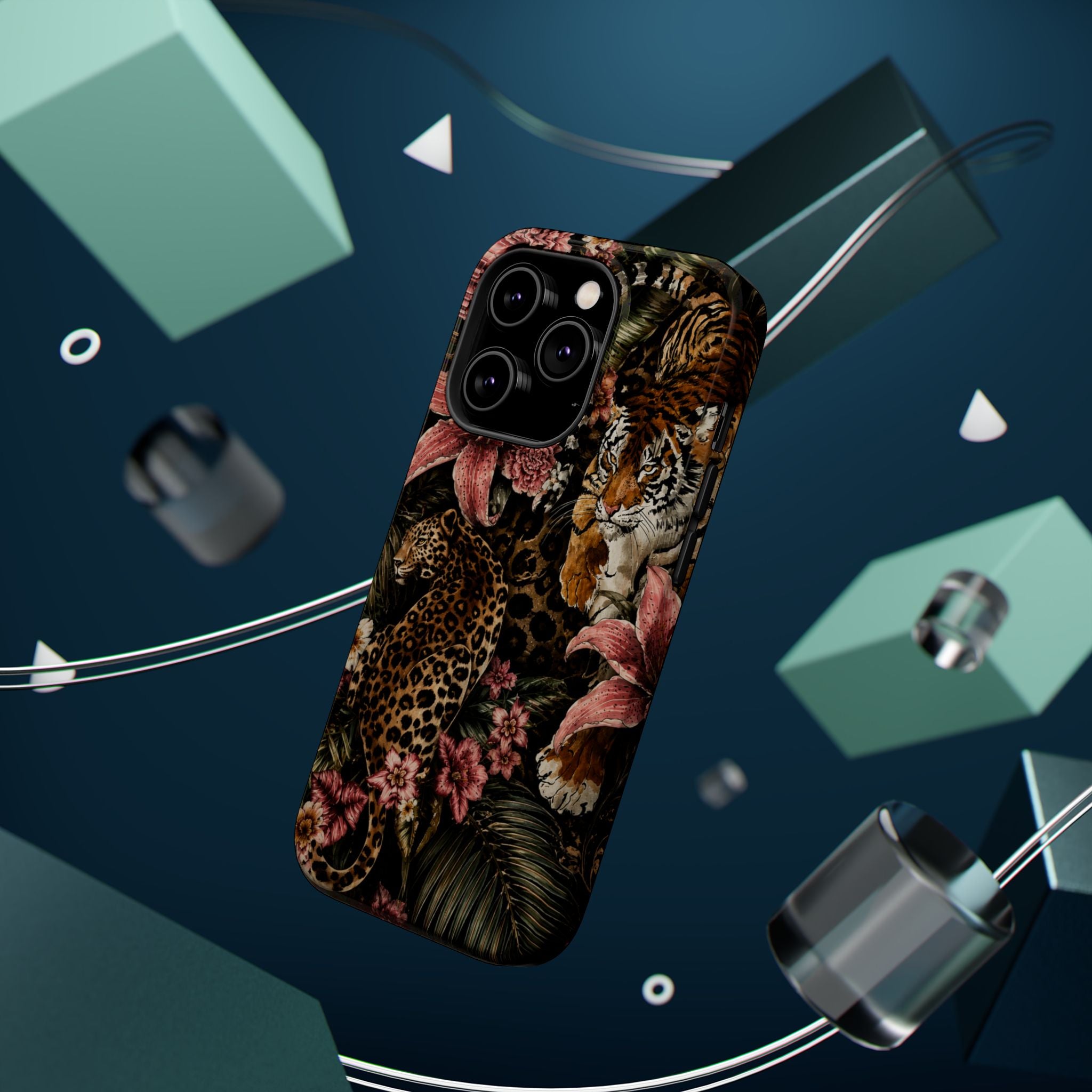 Magnetic Impact-Resistant Phone Case — Tropical Jungle Leopard & Tiger Floral Design