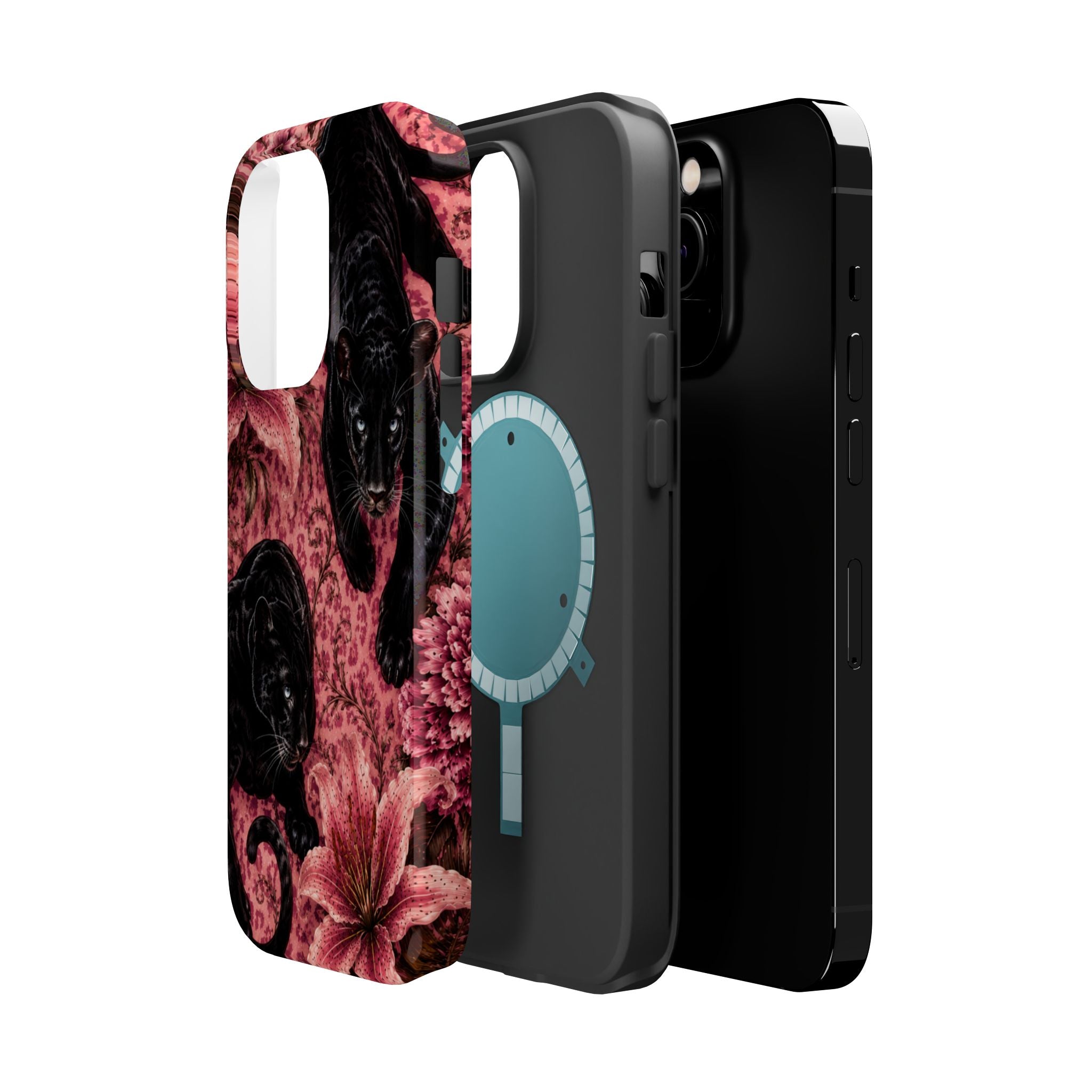 Protective Phone Case — Black Panthers & Pink Floral Impact-Resistant Magnetic Case