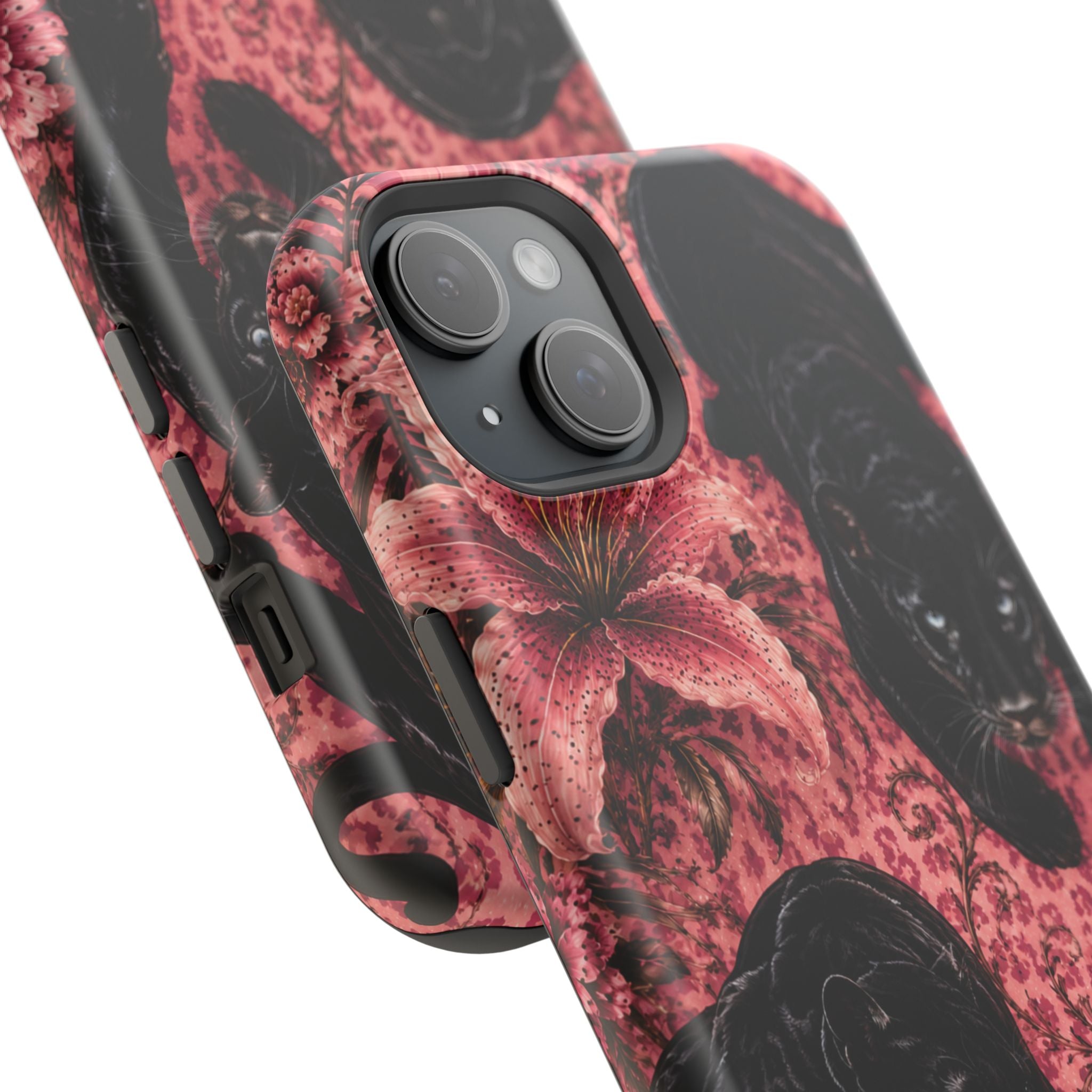 Protective Phone Case — Black Panthers & Pink Floral Impact-Resistant Magnetic Case