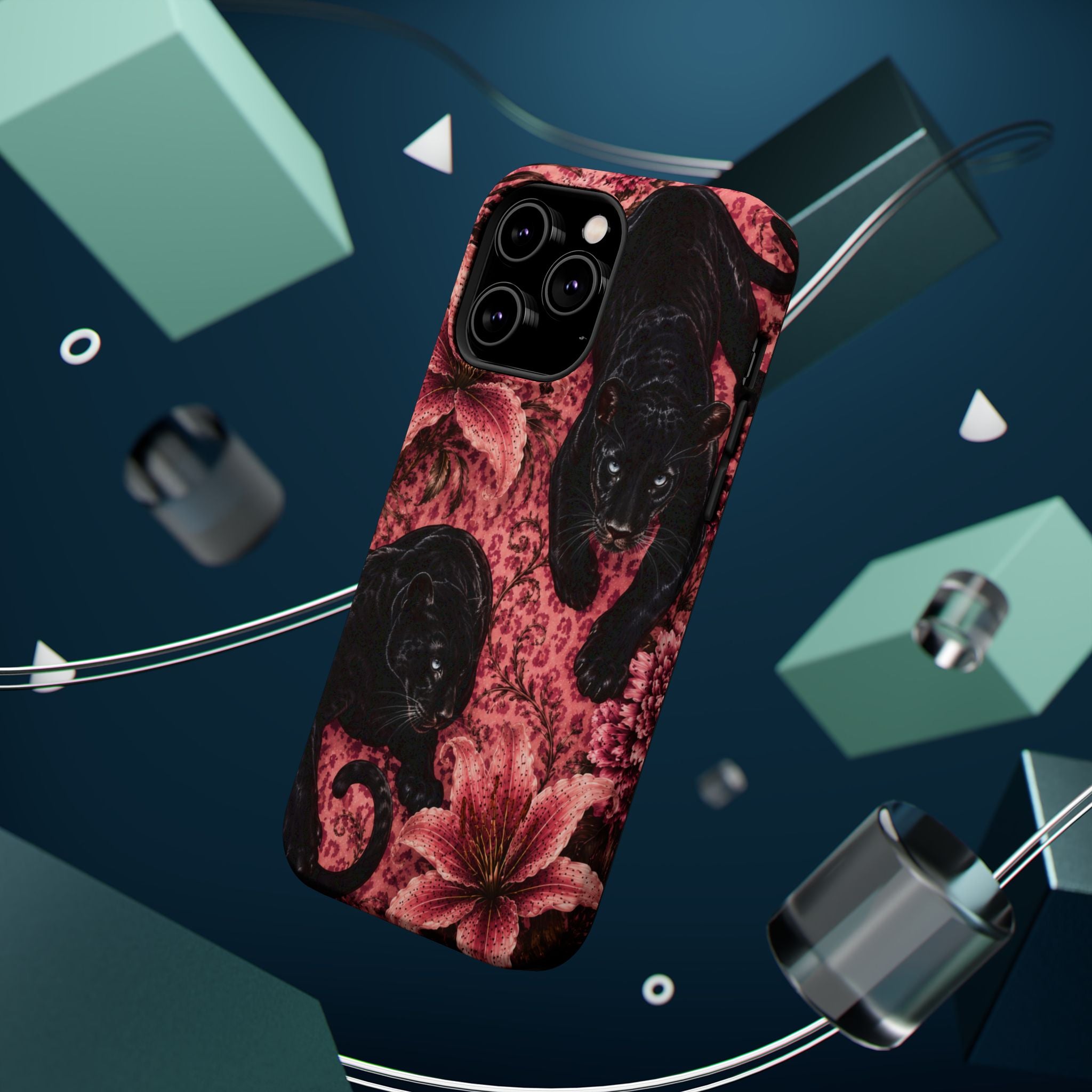 Protective Phone Case — Black Panthers & Pink Floral Impact-Resistant Magnetic Case