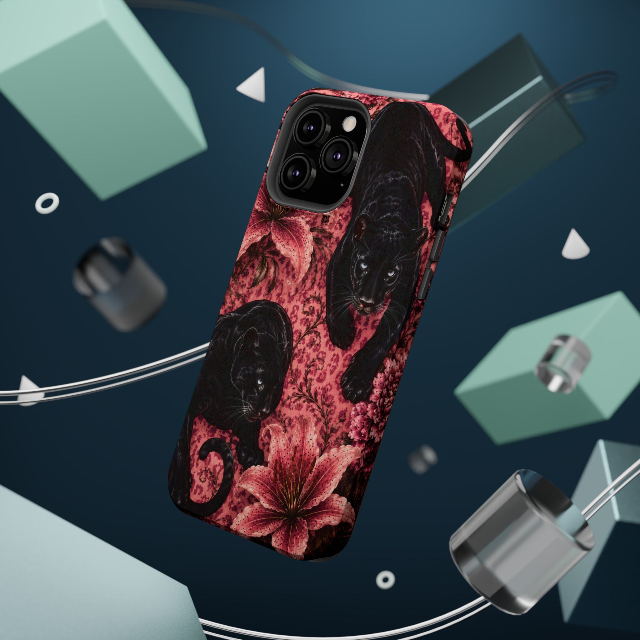 Protective Phone Case — Black Panthers & Pink Floral Impact-Resistant Magnetic Case
