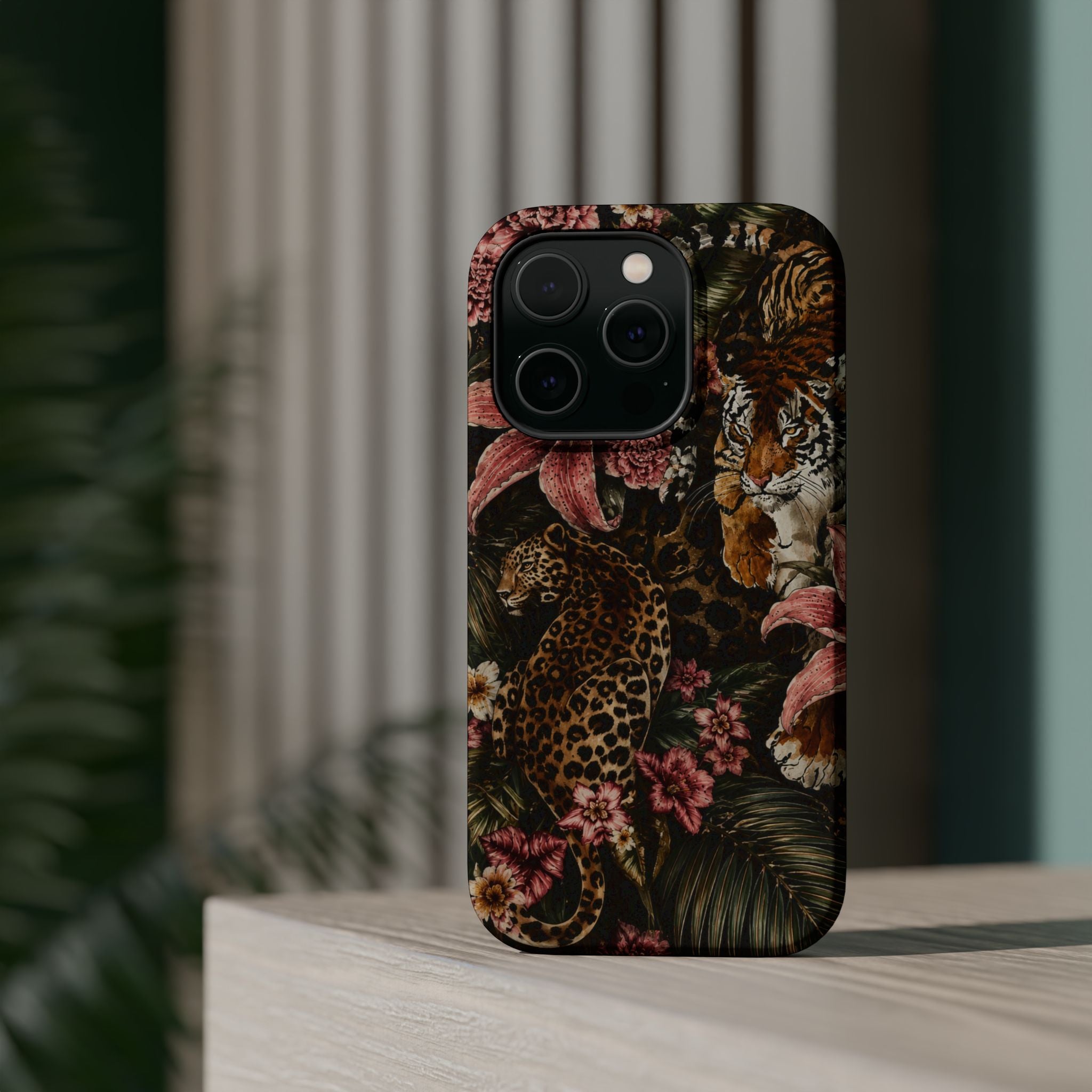 Magnetic Impact-Resistant Phone Case — Tropical Jungle Leopard & Tiger Floral Design