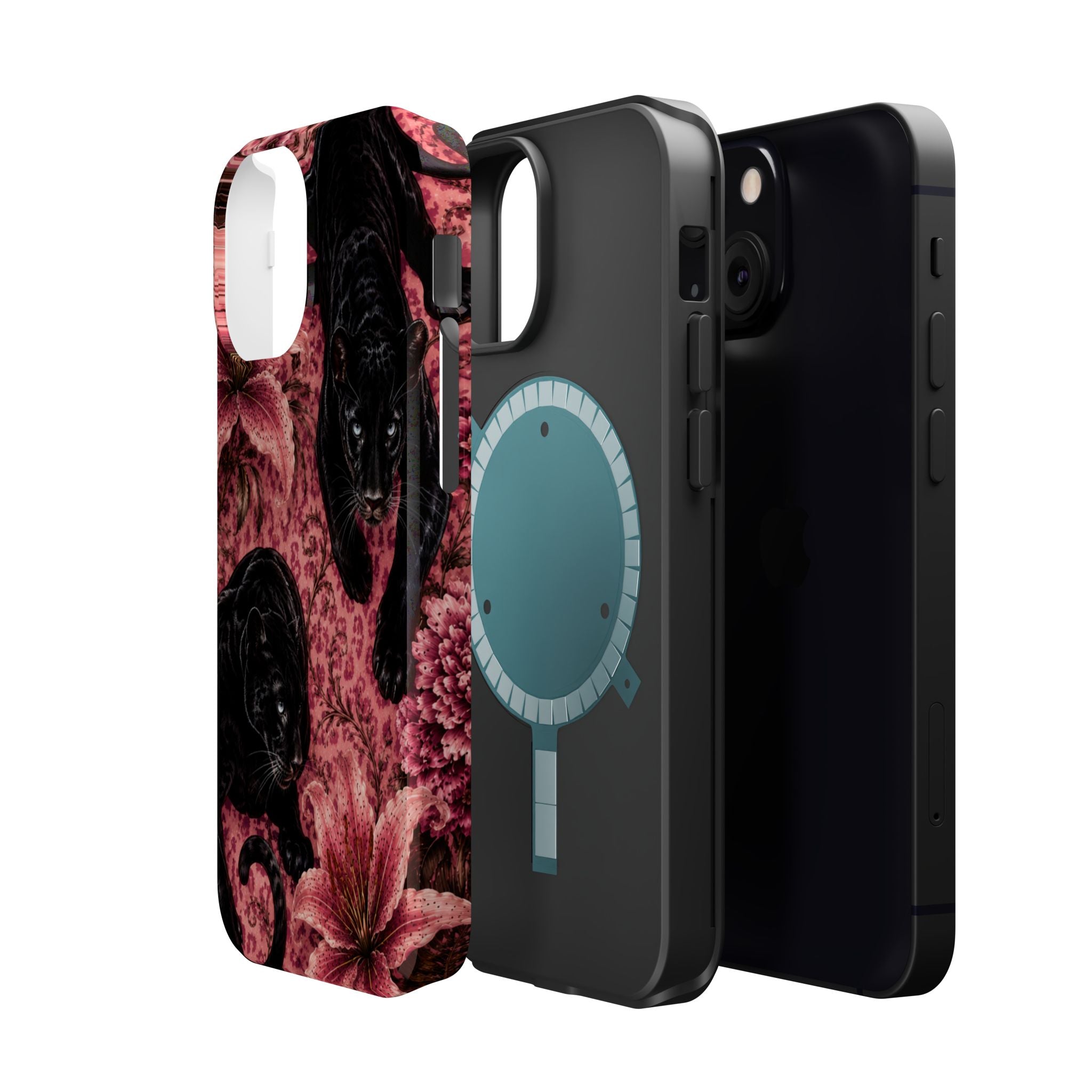 Protective Phone Case — Black Panthers & Pink Floral Impact-Resistant Magnetic Case