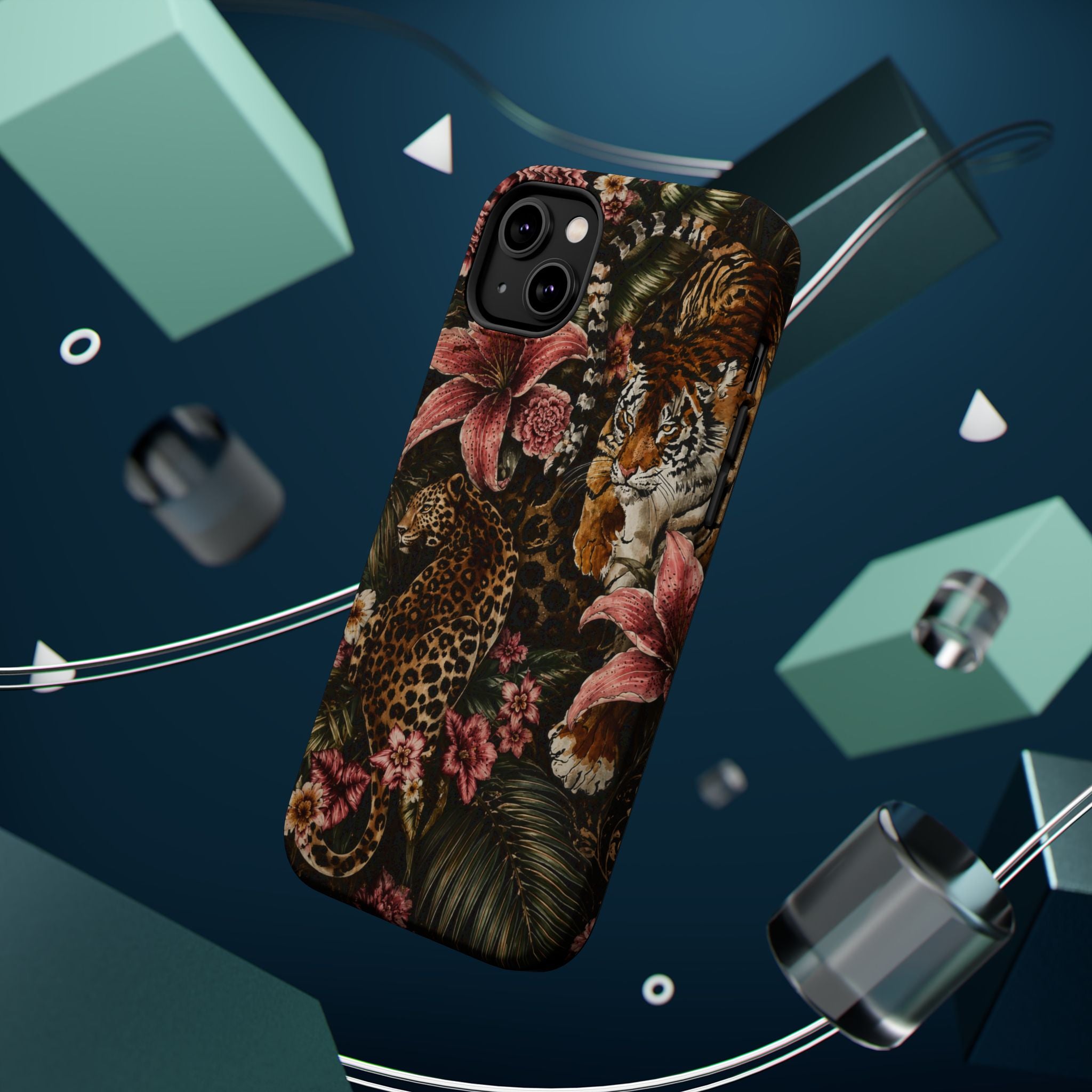 Magnetic Impact-Resistant Phone Case — Tropical Jungle Leopard & Tiger Floral Design