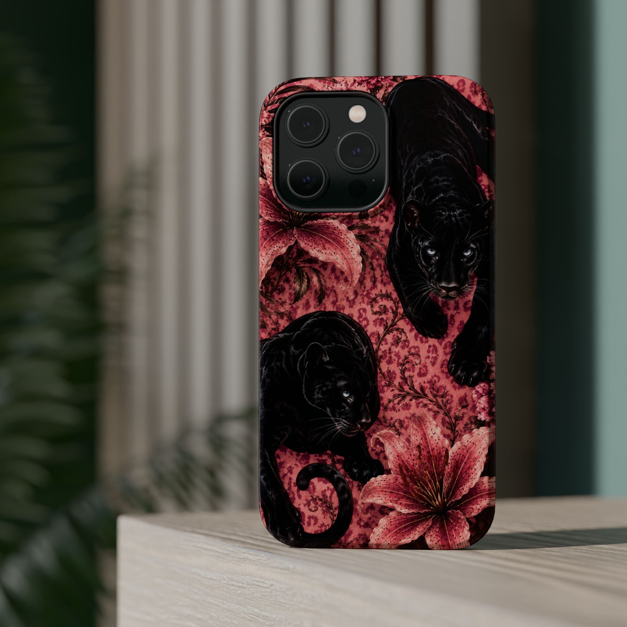 Protective Phone Case — Black Panthers & Pink Floral Impact-Resistant Magnetic Case