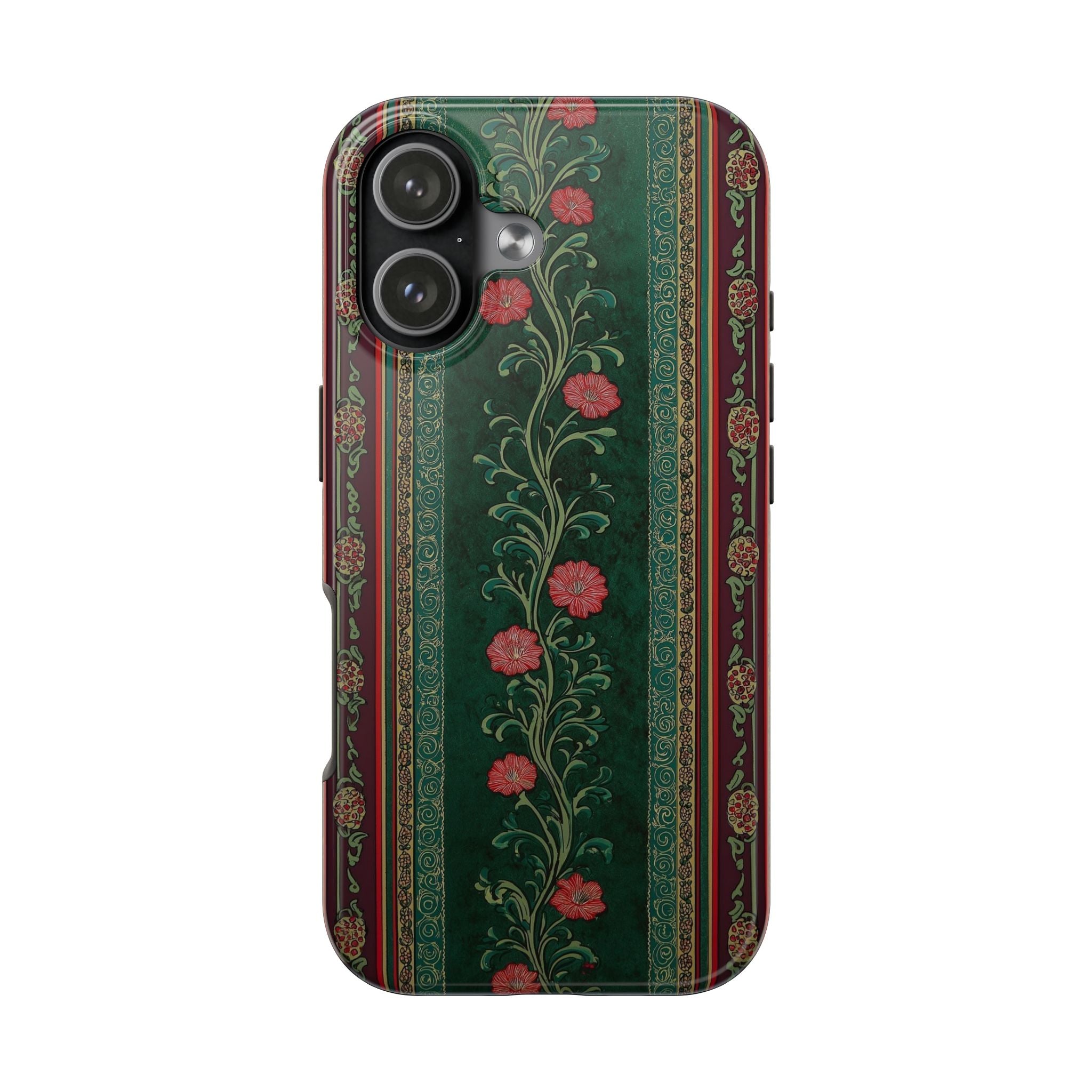 Victorian Floral Tough Phone Case - Green & Red Vintage Rose Design