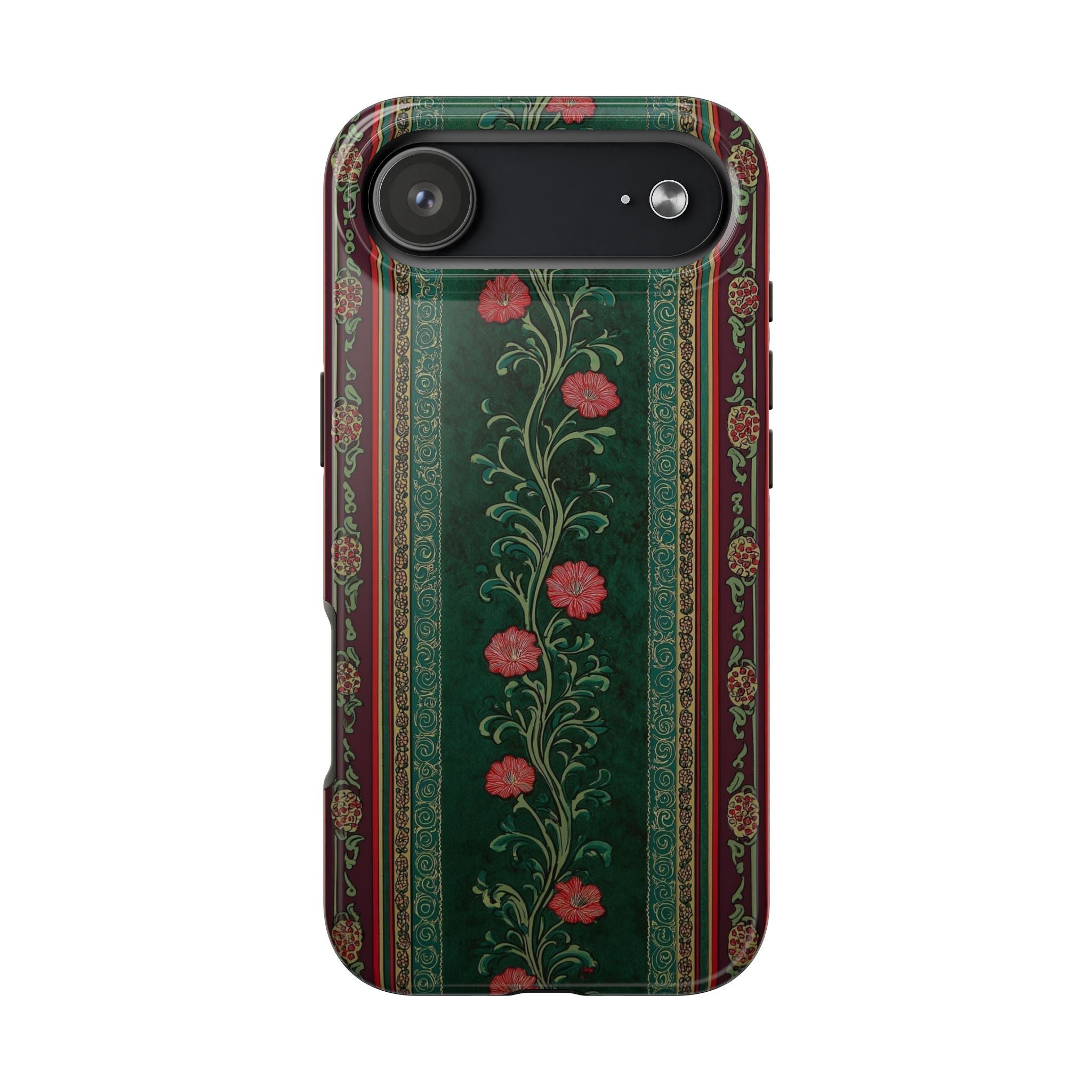 Victorian Floral Tough Phone Case - Green & Red Vintage Rose Design