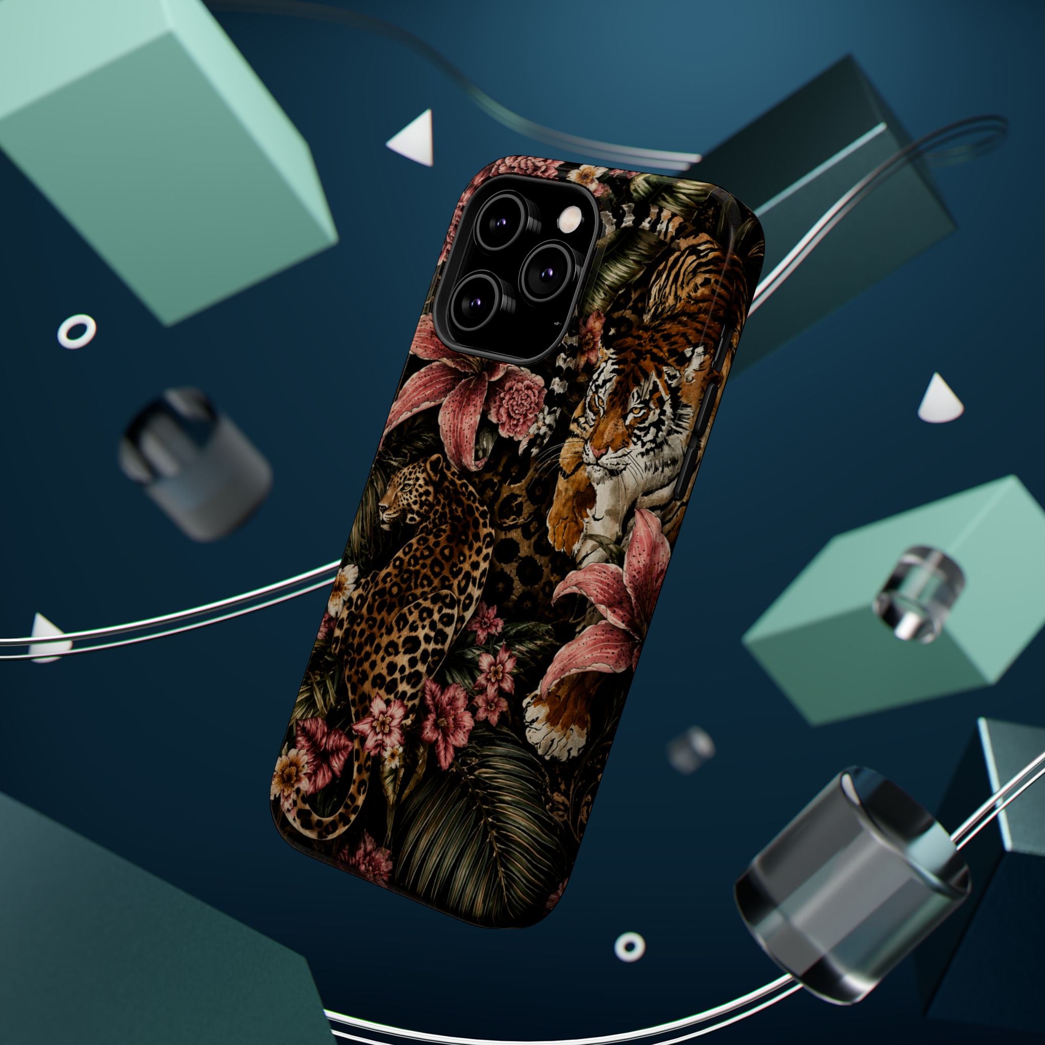 Magnetic Impact-Resistant Phone Case — Tropical Jungle Leopard & Tiger Floral Design