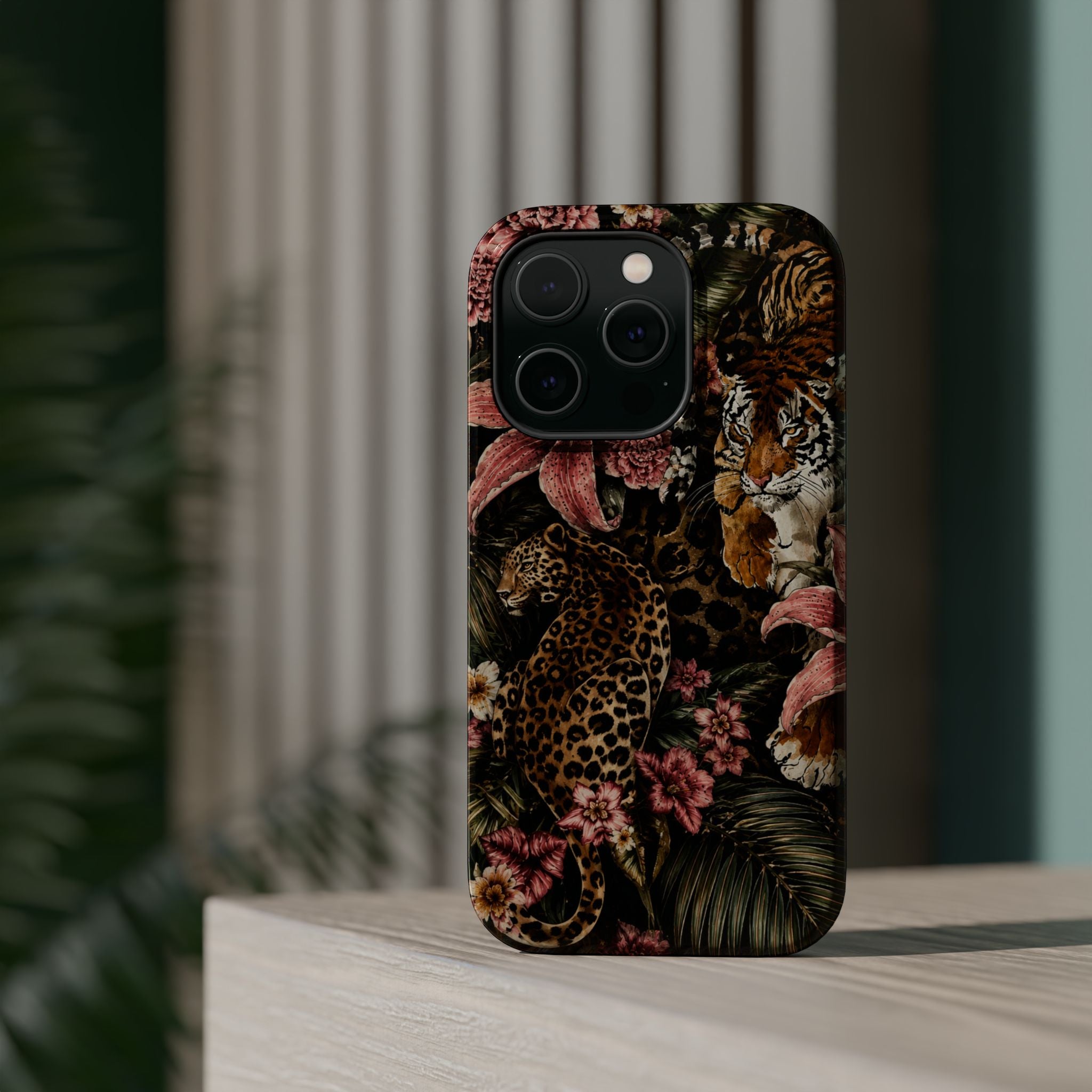 Magnetic Impact-Resistant Phone Case — Tropical Jungle Leopard & Tiger Floral Design