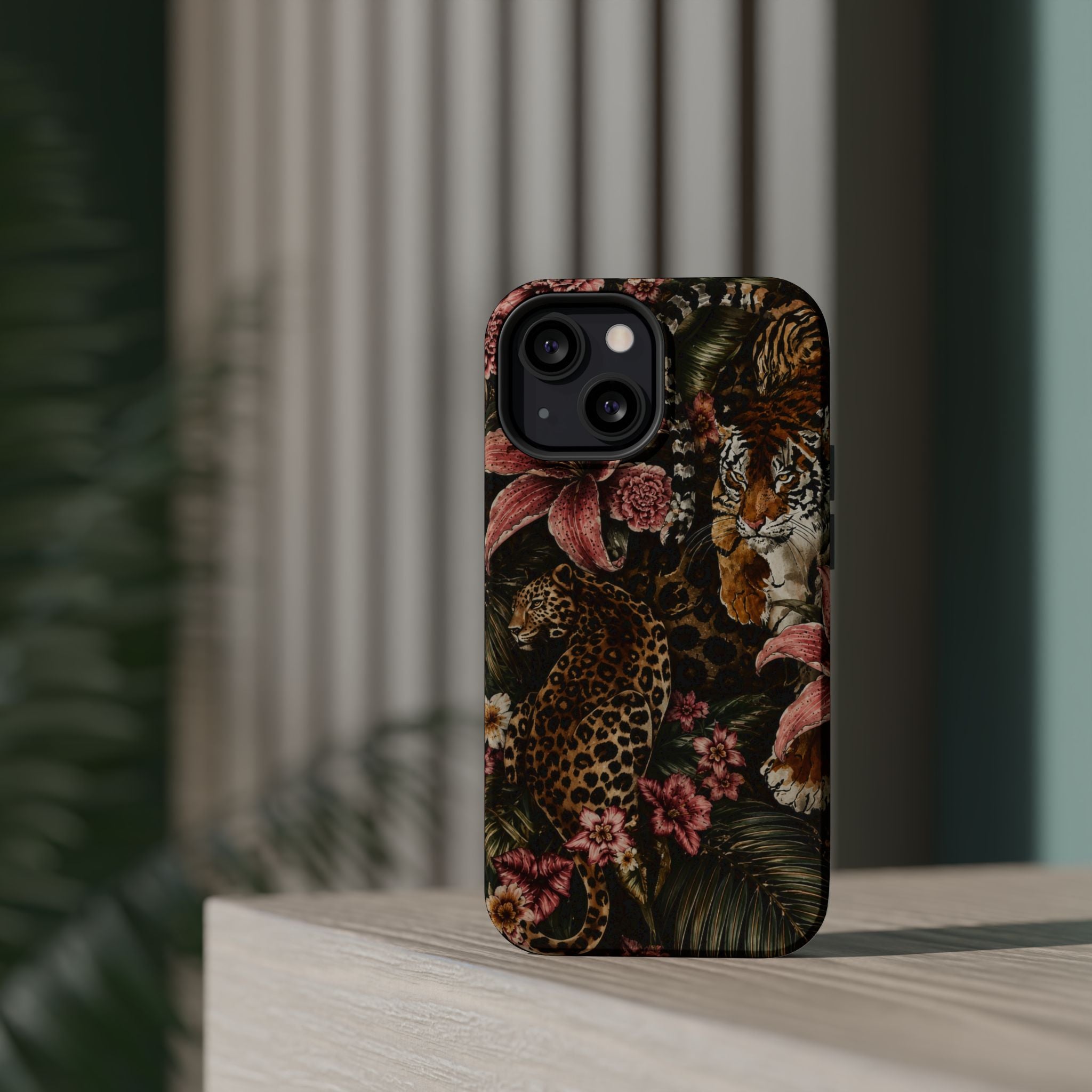 Magnetic Impact-Resistant Phone Case — Tropical Jungle Leopard & Tiger Floral Design