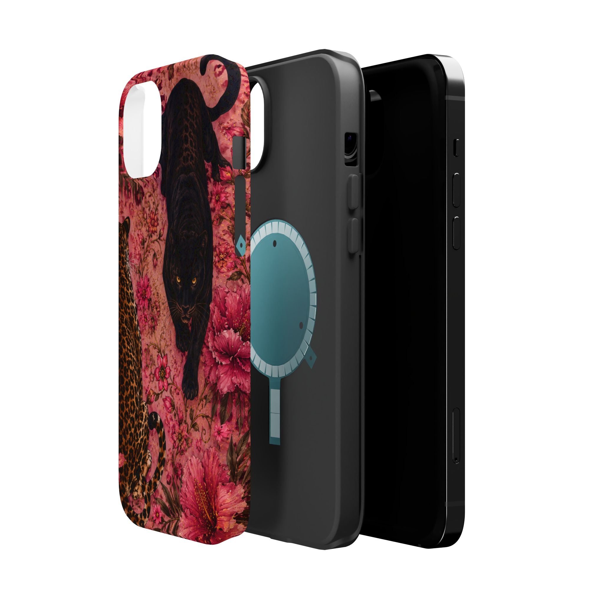 Black Panther & Leopard Floral Magnetic Impact-Resistant Phone Case | MagSafe Compatible Shockproof Cover