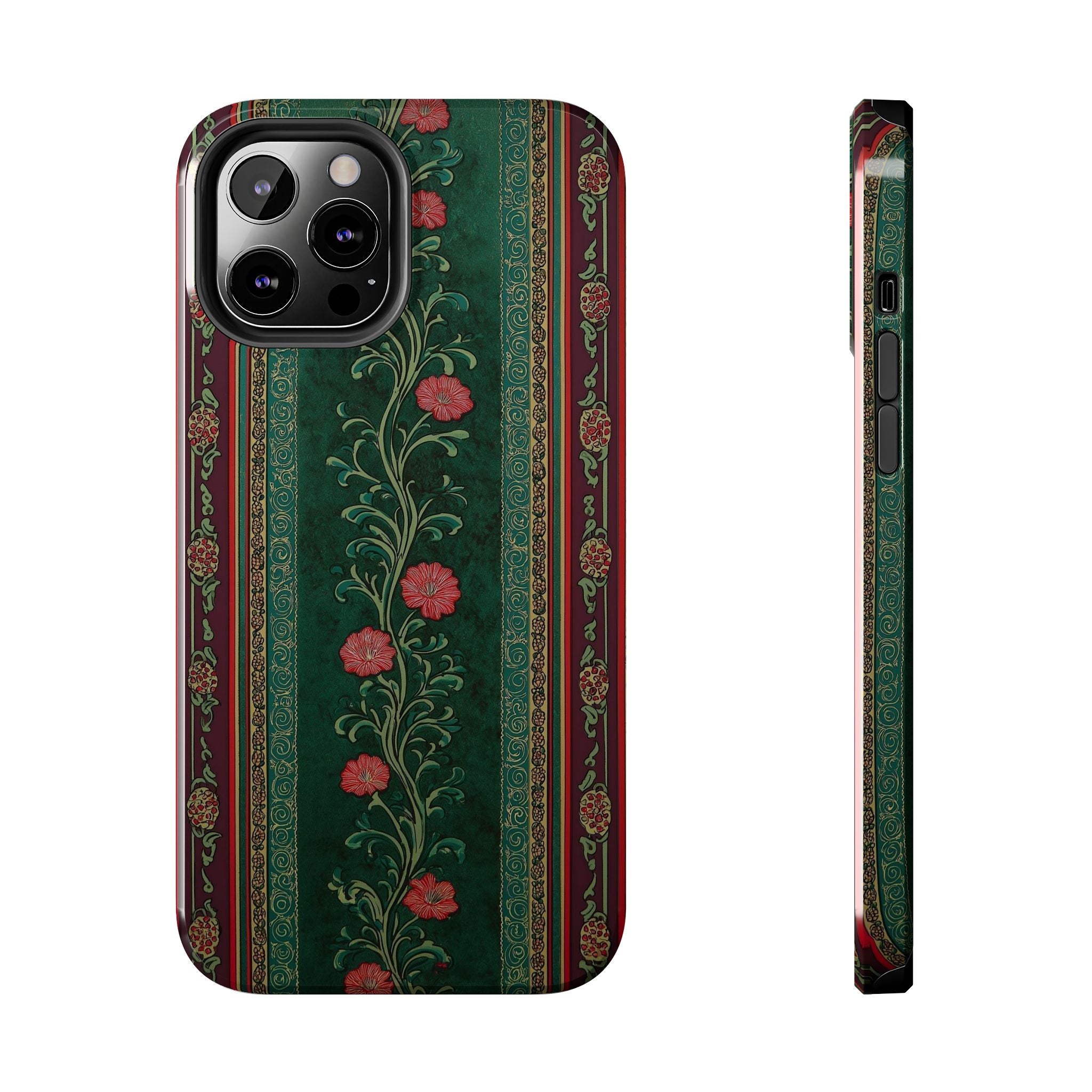 Victorian Floral Tough Phone Case - Green & Red Vintage Rose Design