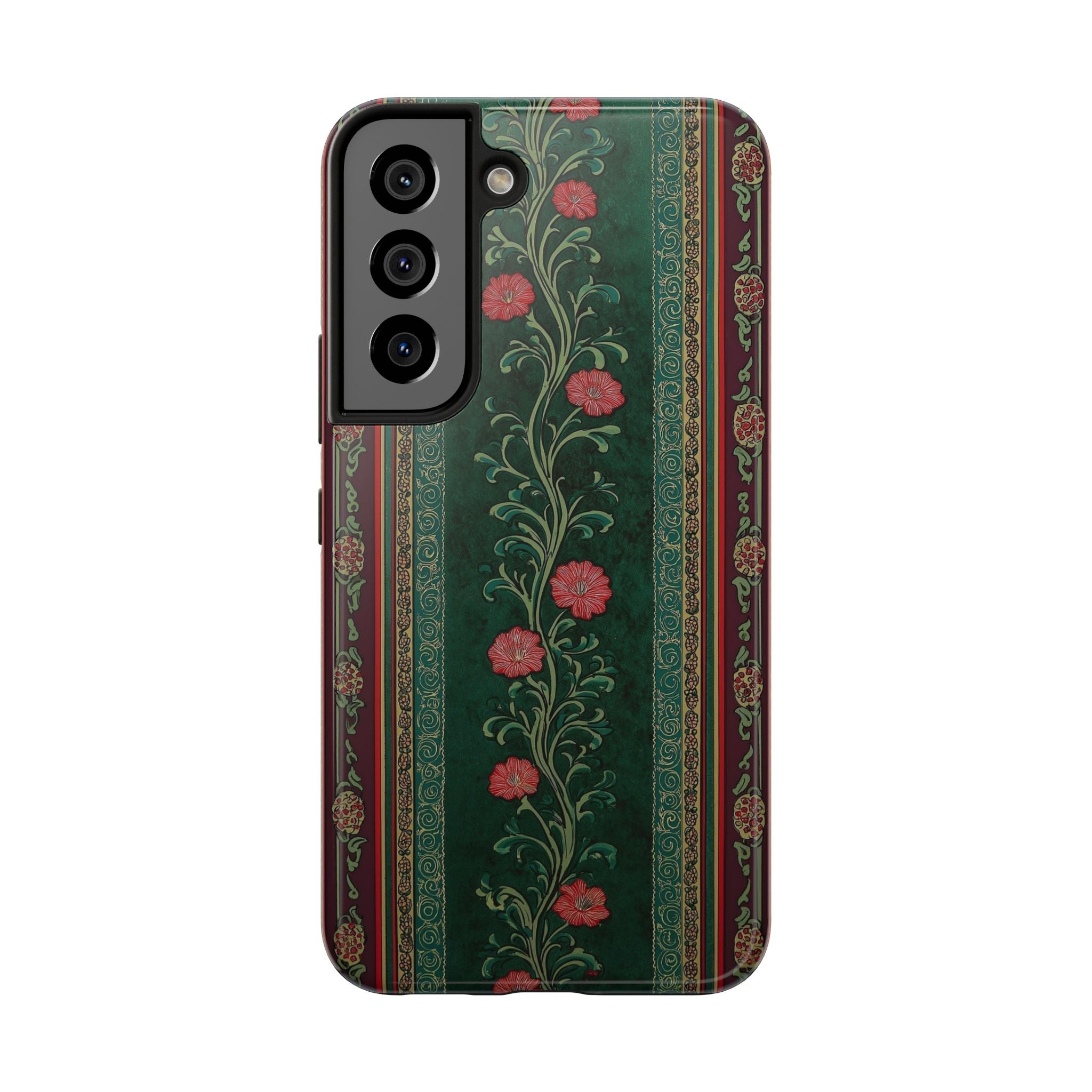 Victorian Floral Tough Phone Case - Green & Red Vintage Rose Design