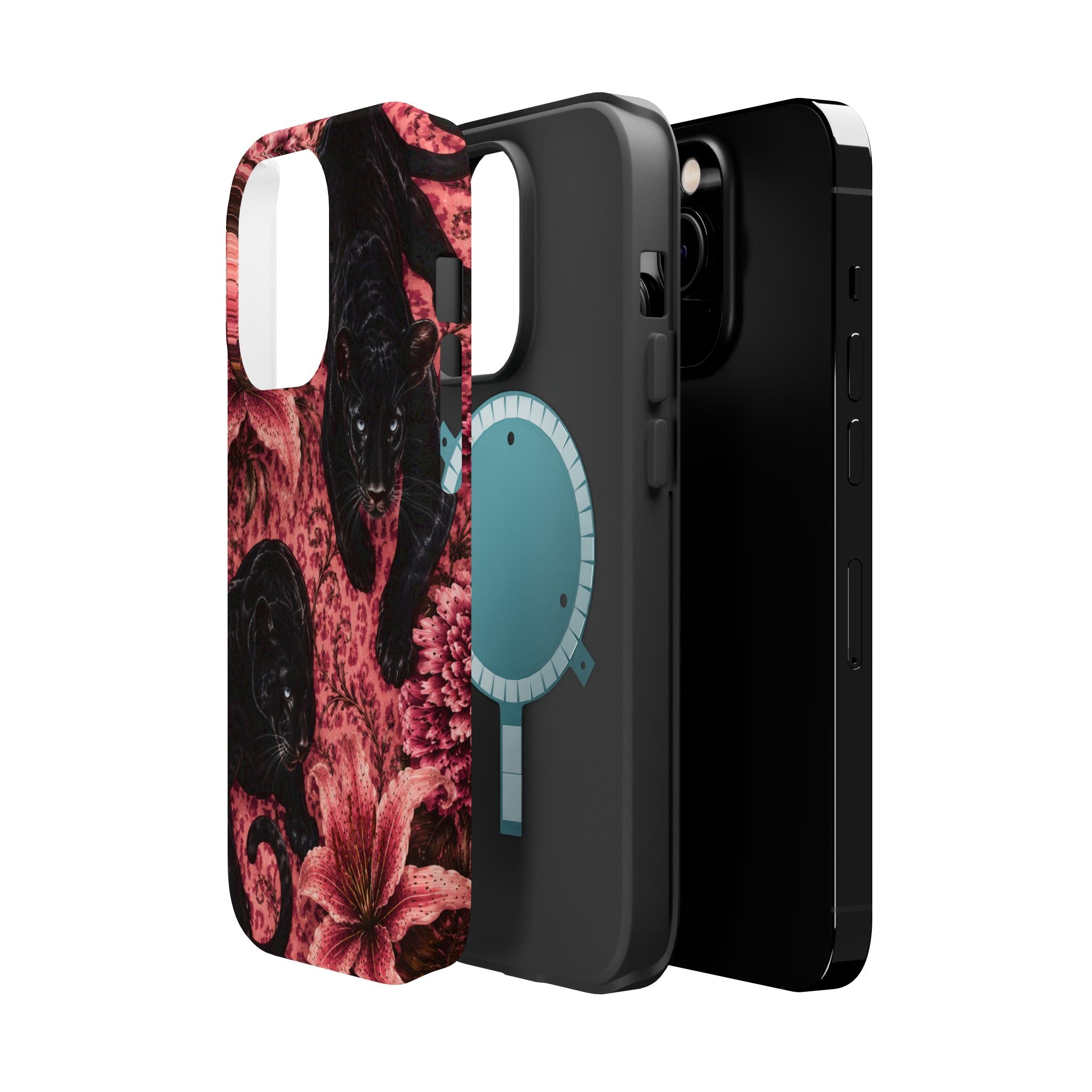 Protective Phone Case — Black Panthers & Pink Floral Impact-Resistant Magnetic Case