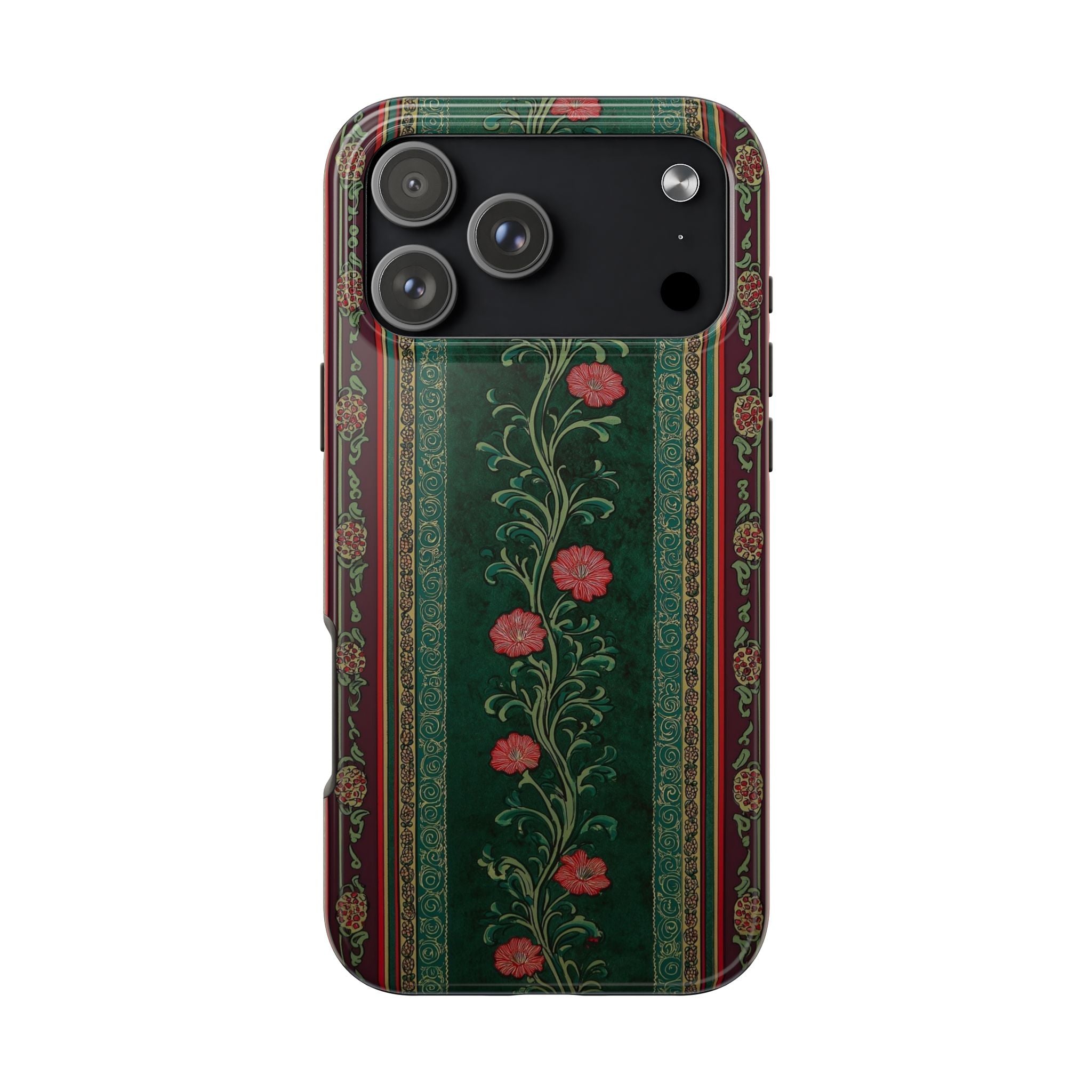Victorian Floral Tough Phone Case - Green & Red Vintage Rose Design