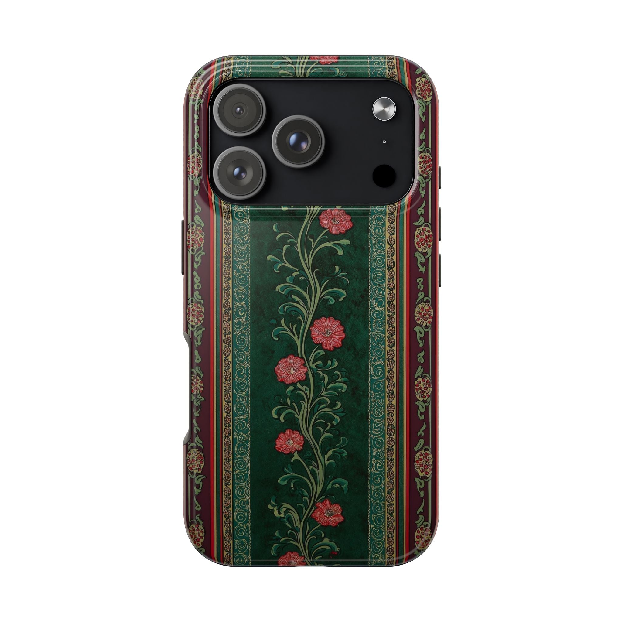 Victorian Floral Tough Phone Case - Green & Red Vintage Rose Design