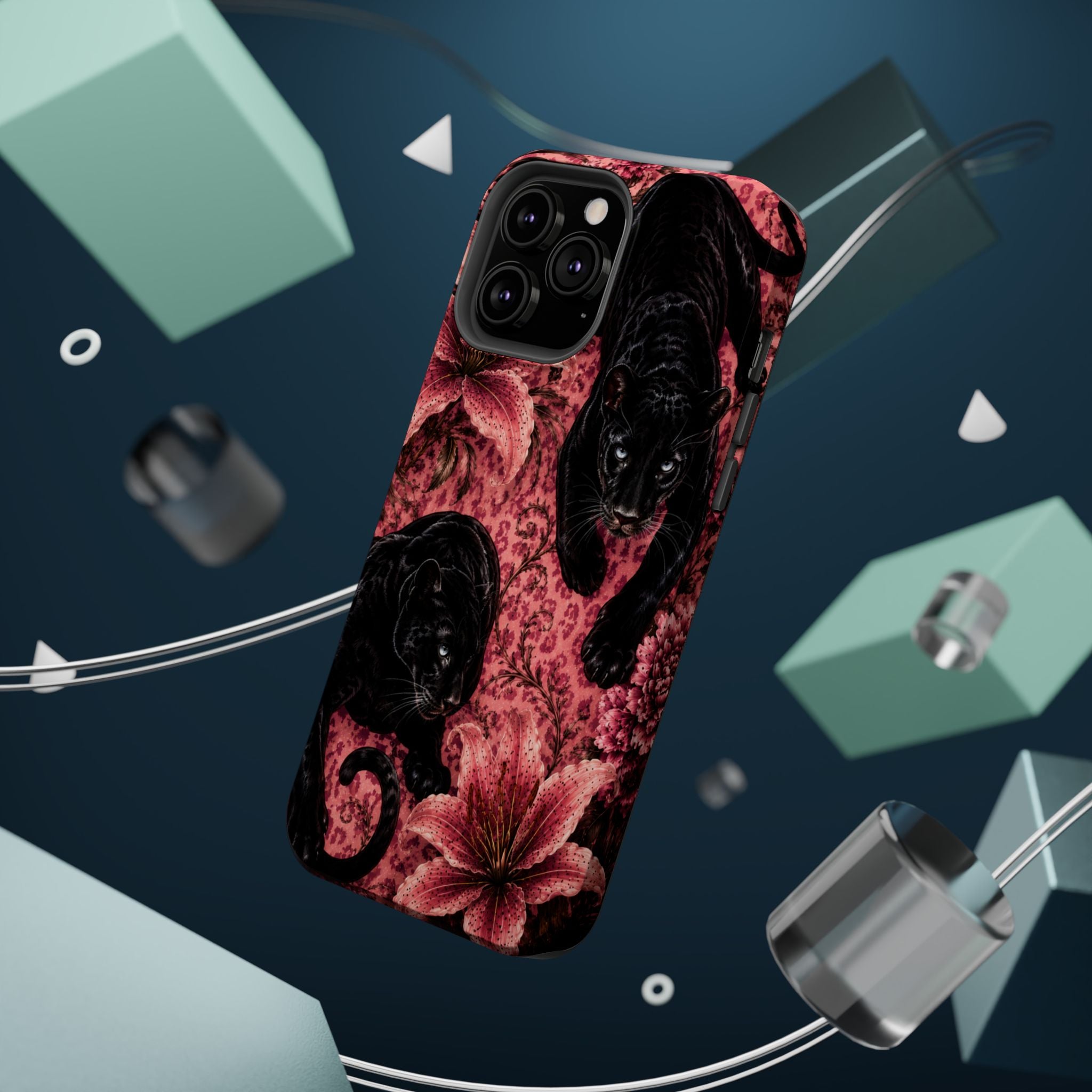 Protective Phone Case — Black Panthers & Pink Floral Impact-Resistant Magnetic Case
