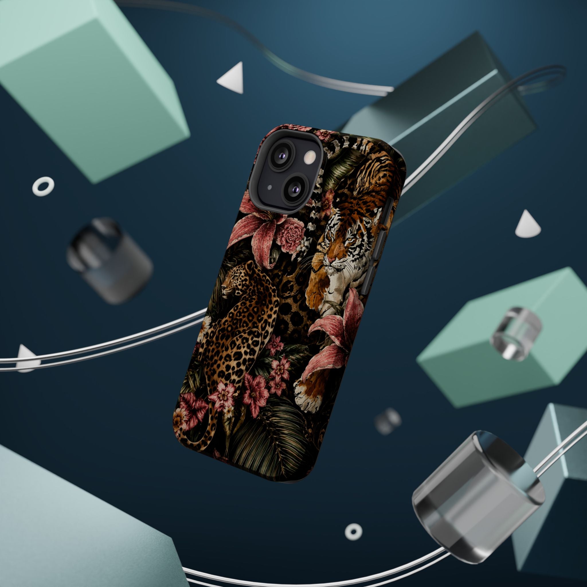 Magnetic Impact-Resistant Phone Case — Tropical Jungle Leopard & Tiger Floral Design