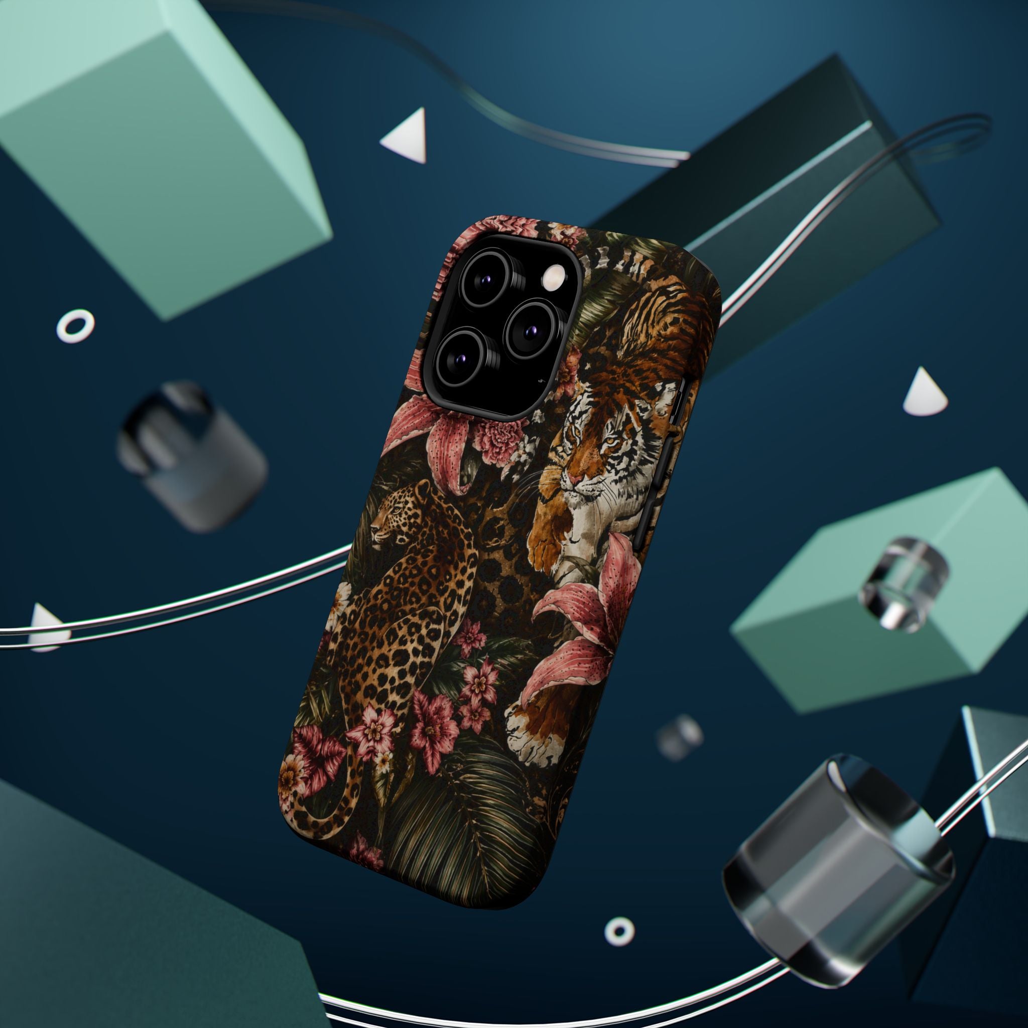 Magnetic Impact-Resistant Phone Case — Tropical Jungle Leopard & Tiger Floral Design