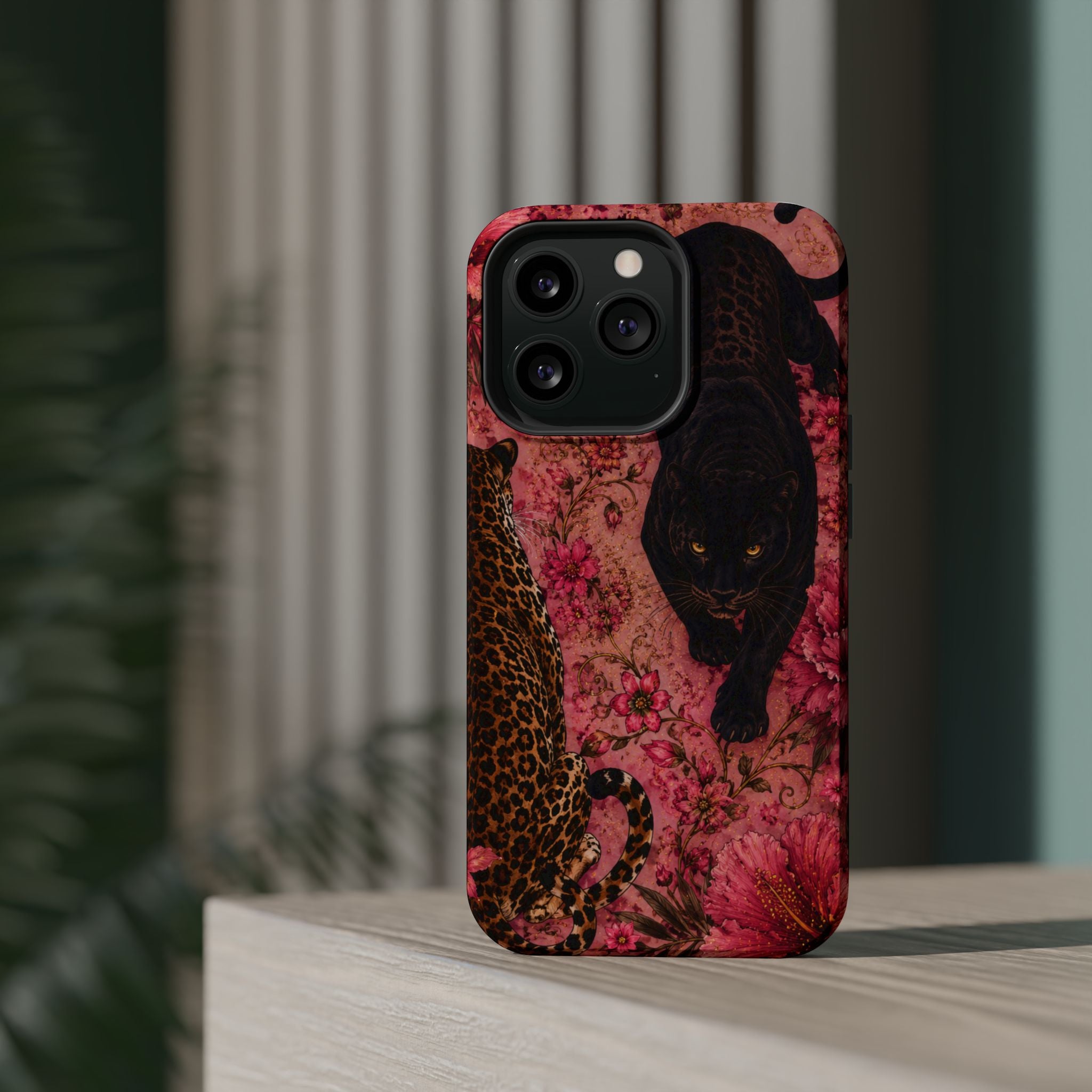 Black Panther & Leopard Floral Magnetic Impact-Resistant Phone Case | MagSafe Compatible Shockproof Cover