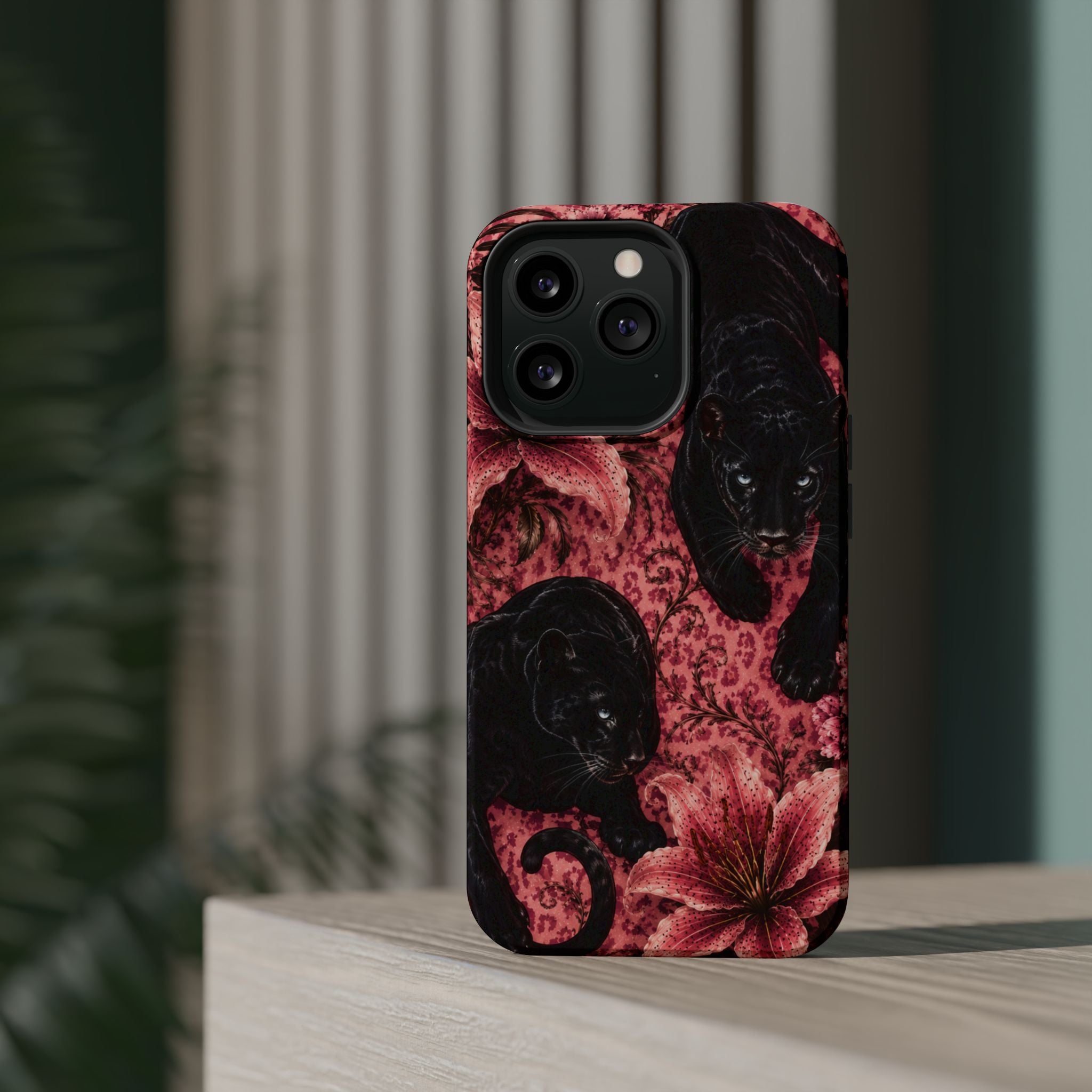 Protective Phone Case — Black Panthers & Pink Floral Impact-Resistant Magnetic Case