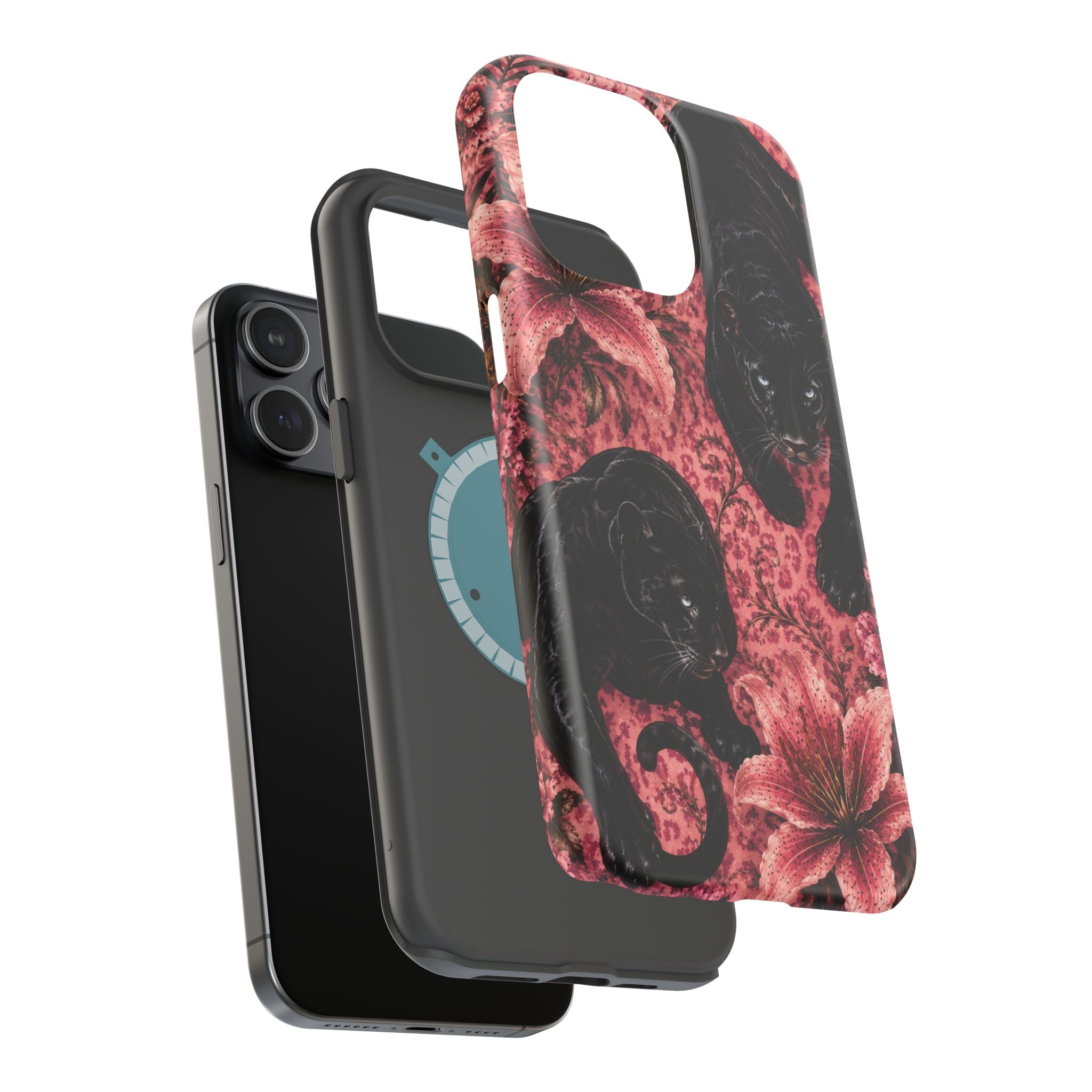 Protective Phone Case — Black Panthers & Pink Floral Impact-Resistant Magnetic Case