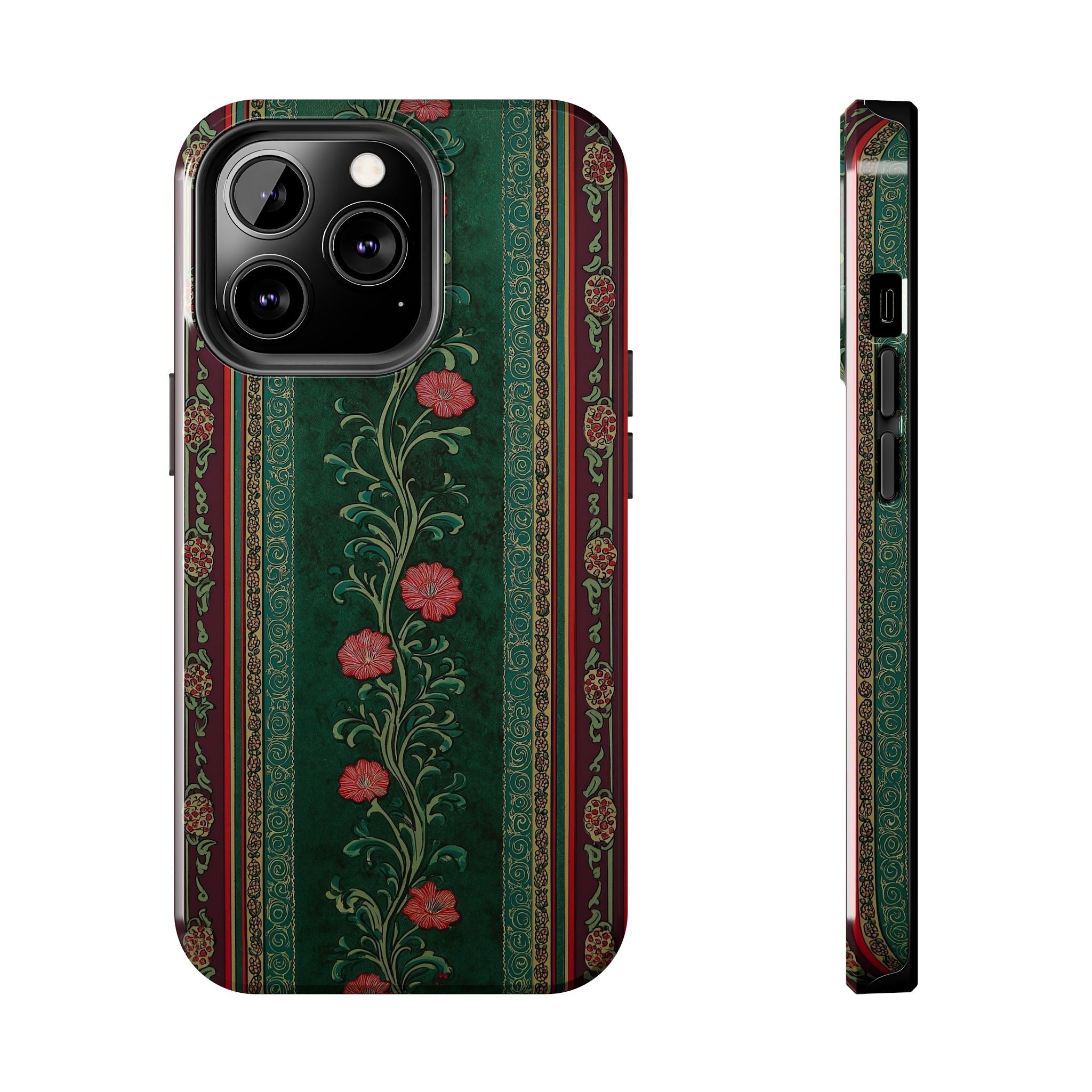 Victorian Floral Tough Phone Case - Green & Red Vintage Rose Design
