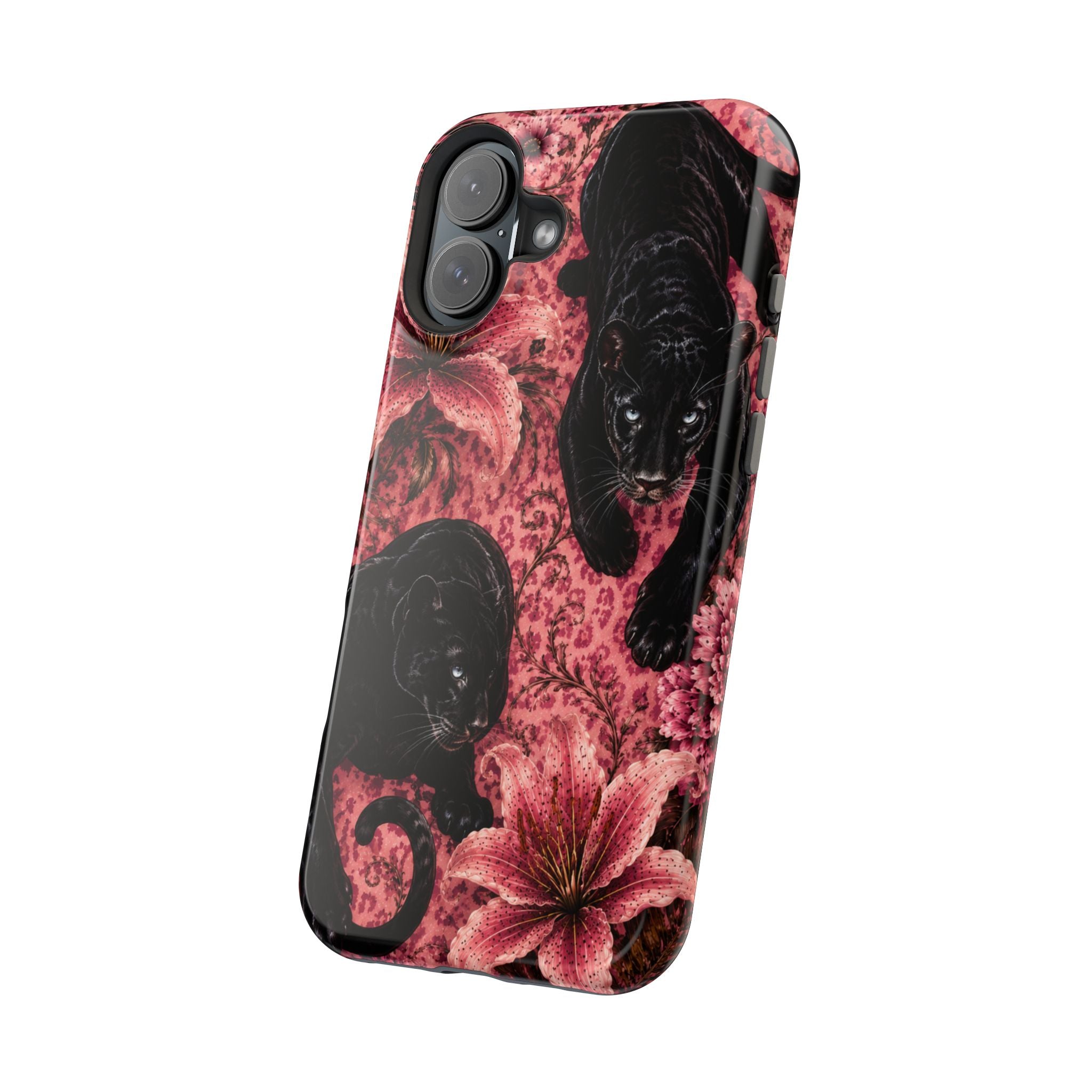 Protective Phone Case — Black Panthers & Pink Floral Impact-Resistant Magnetic Case