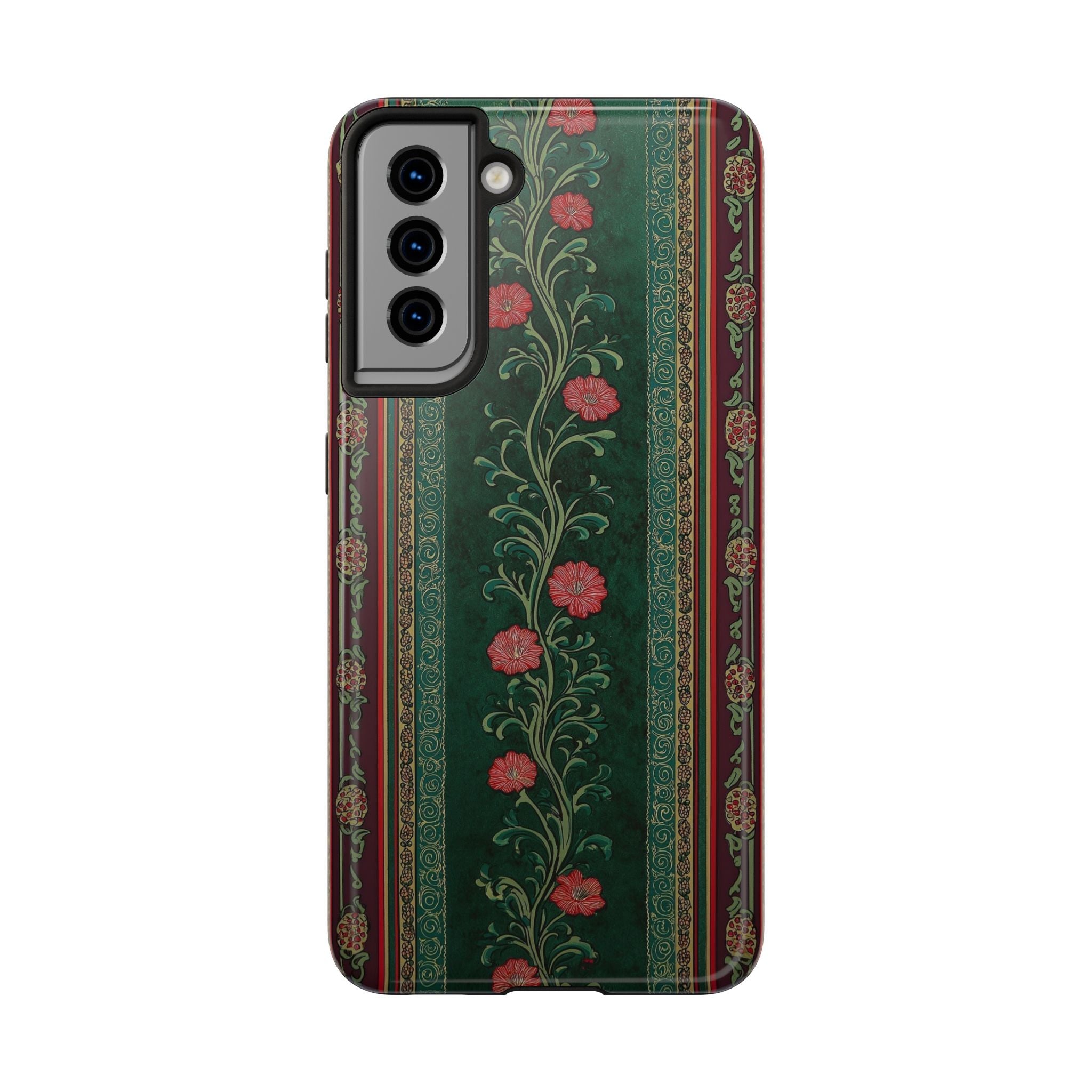Victorian Floral Tough Phone Case - Green & Red Vintage Rose Design
