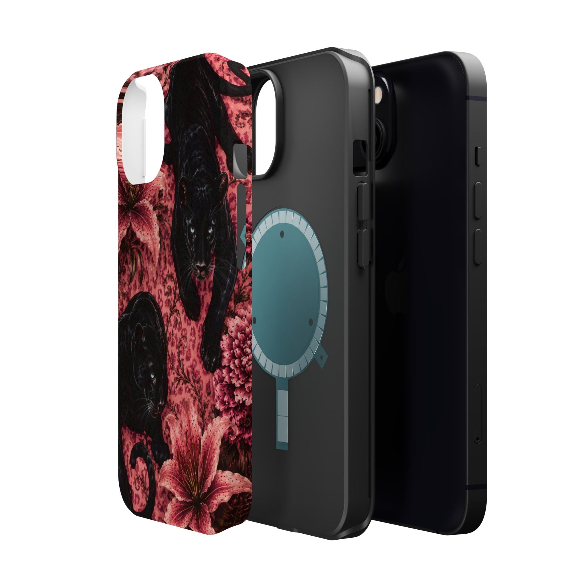 Protective Phone Case — Black Panthers & Pink Floral Impact-Resistant Magnetic Case